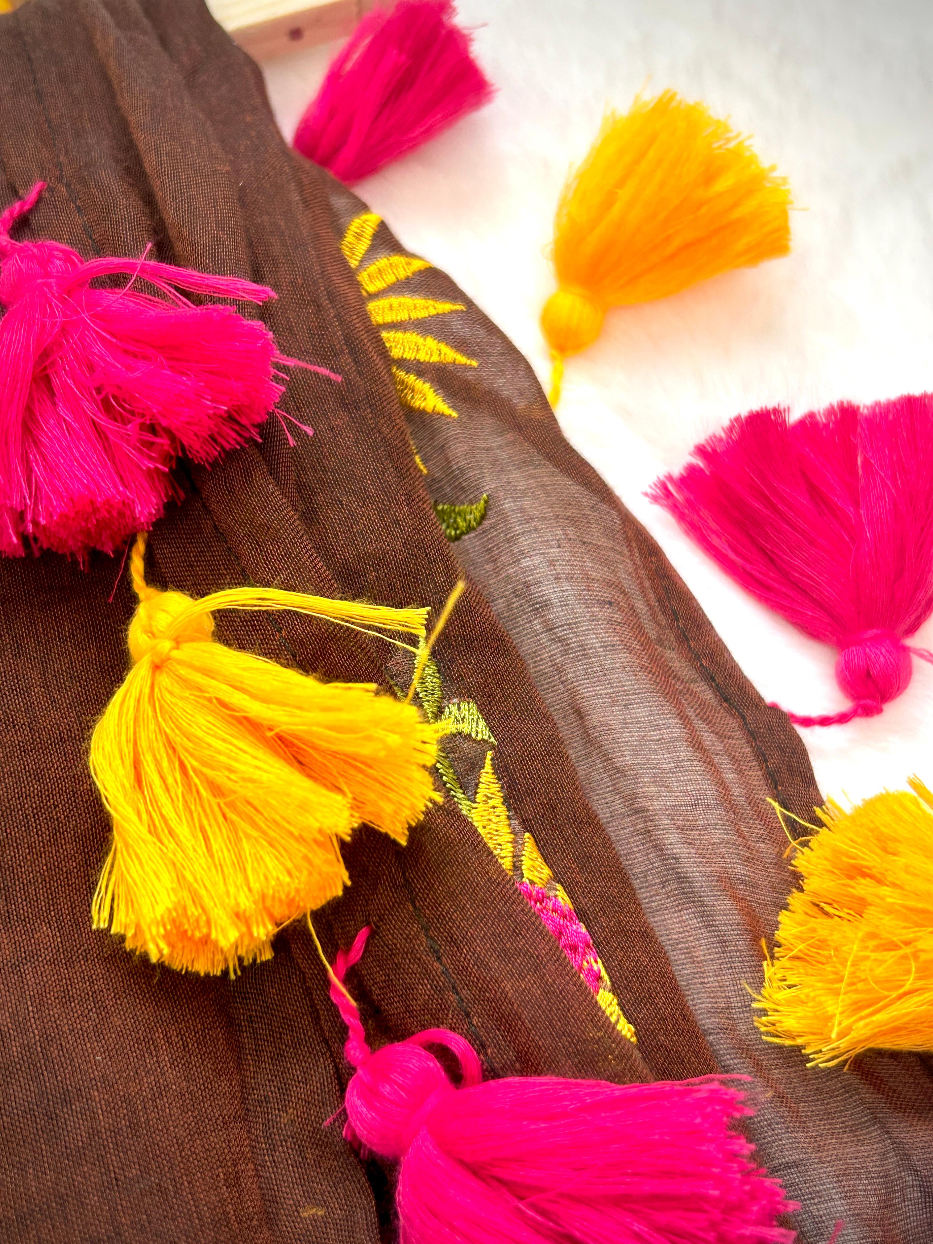 Chocolate Brown Floral Embroidered Tassel Saree