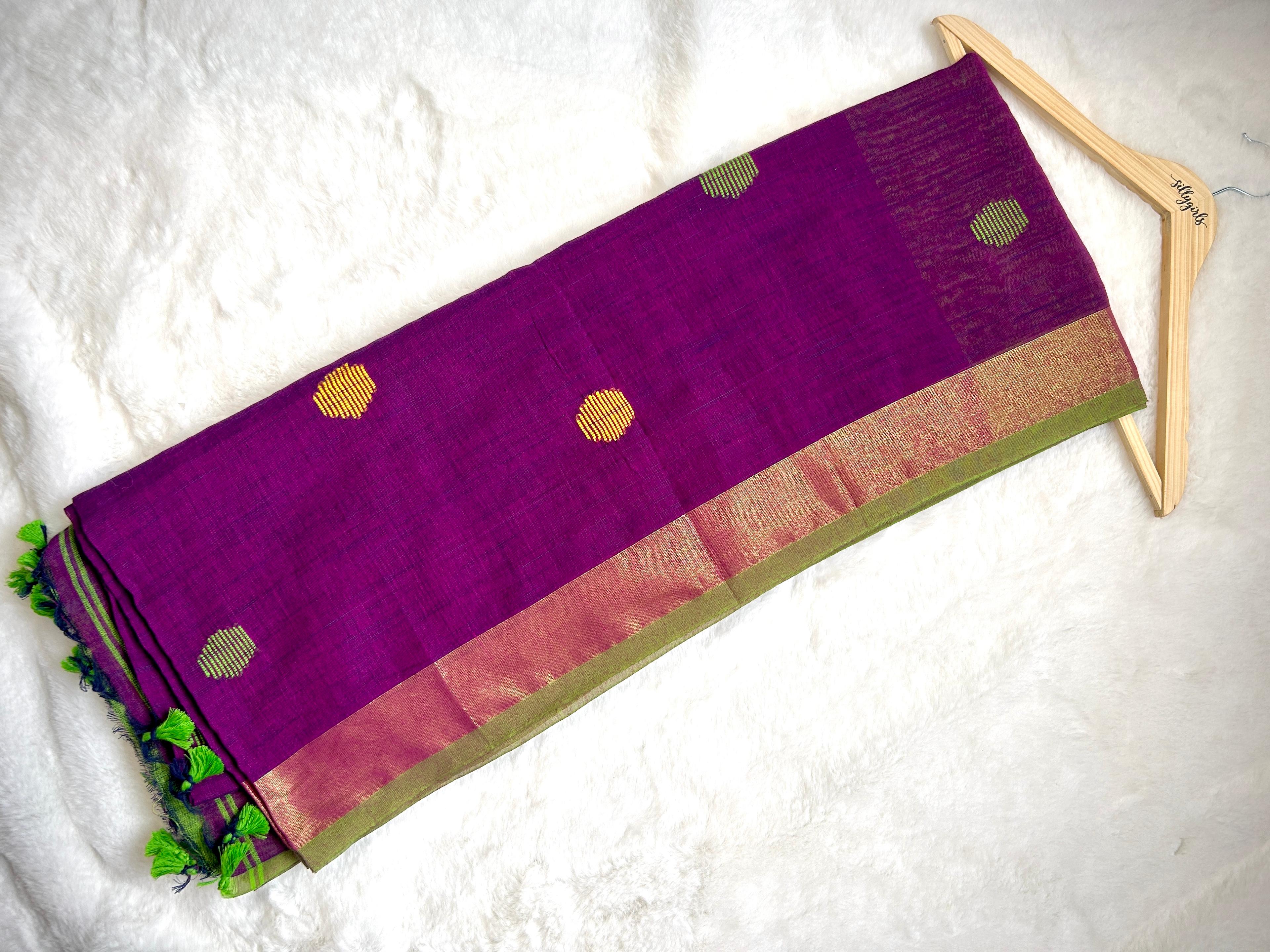 Magenta & Lime Contrast Butti Handloom Saree