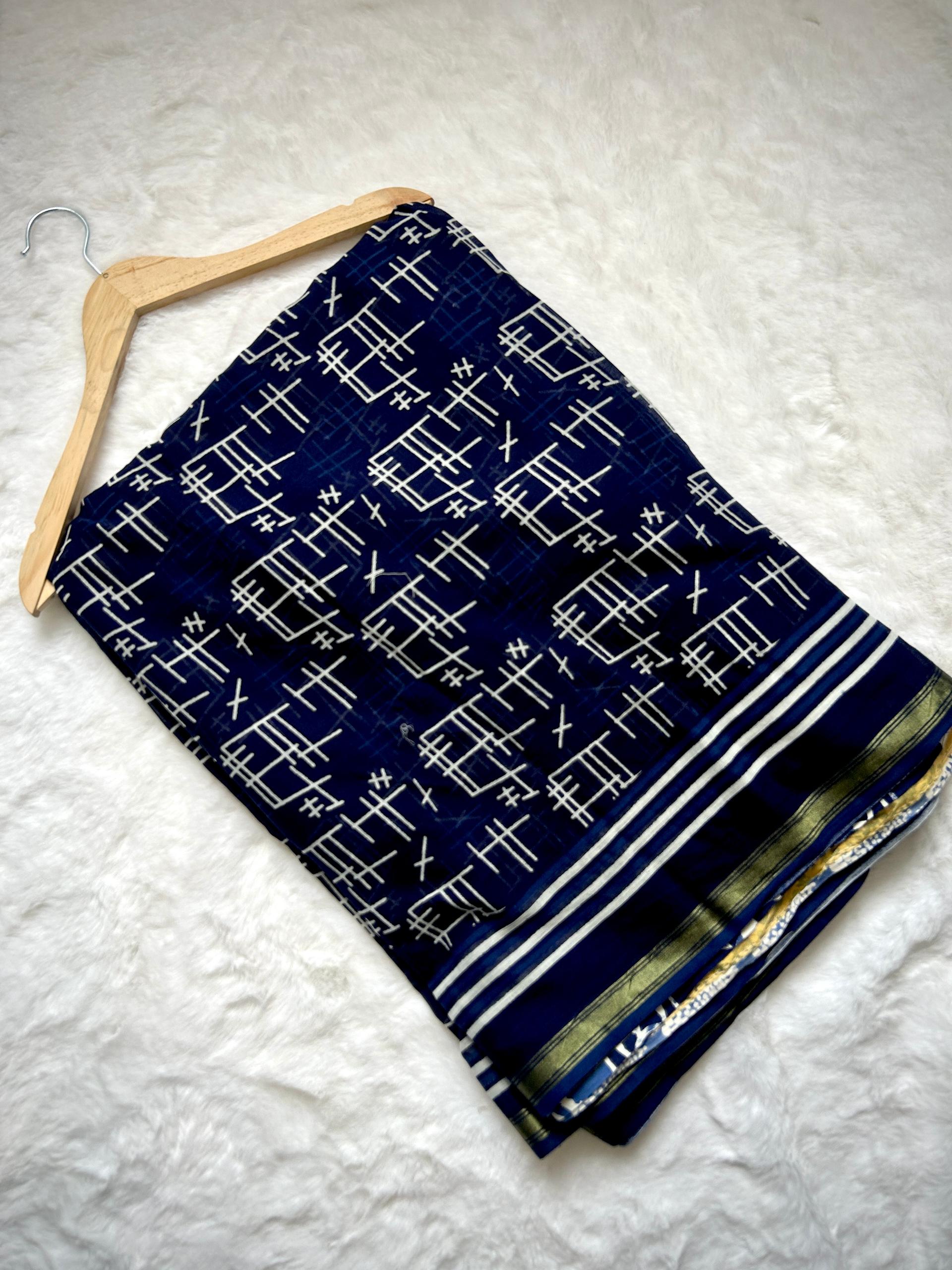 Navy Indigo Geometric Block Print Saree