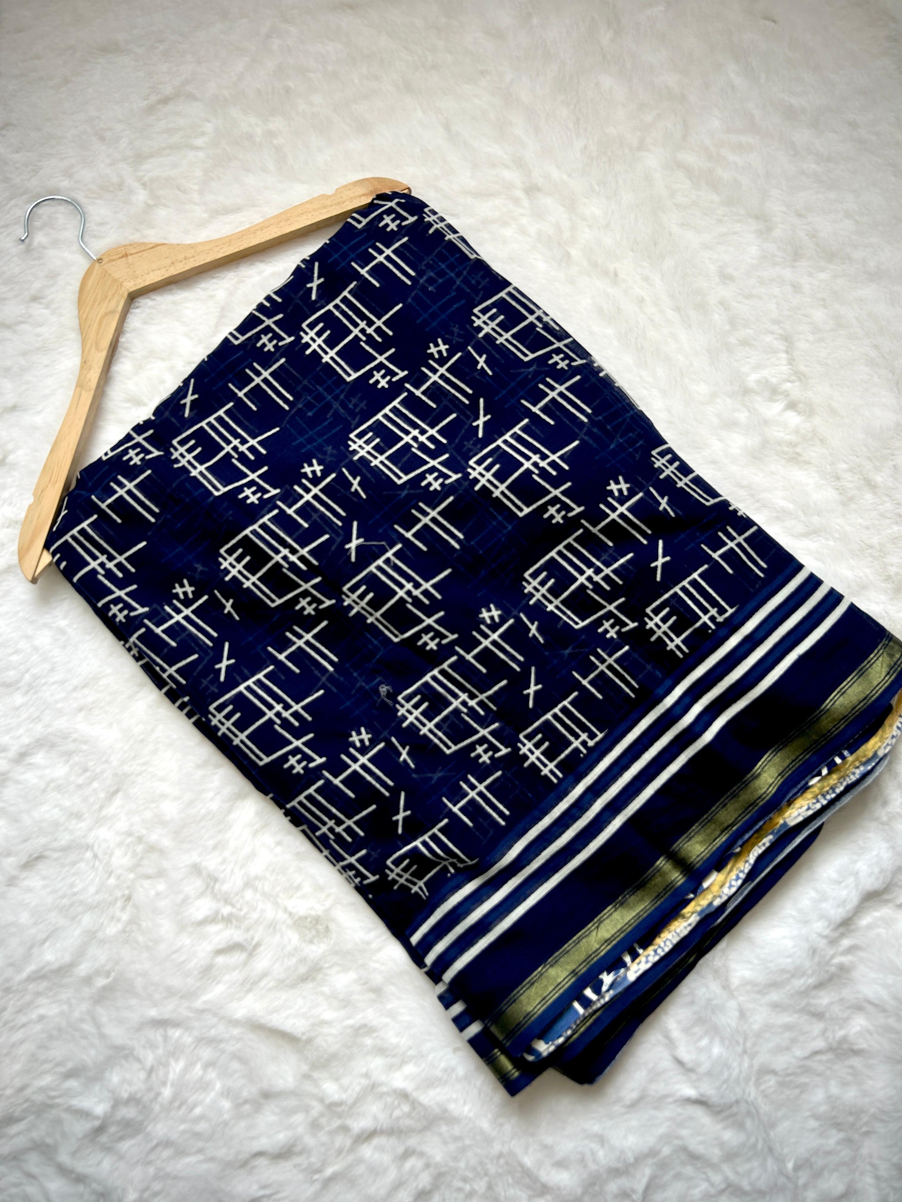Navy Indigo Geometric Block Print Saree