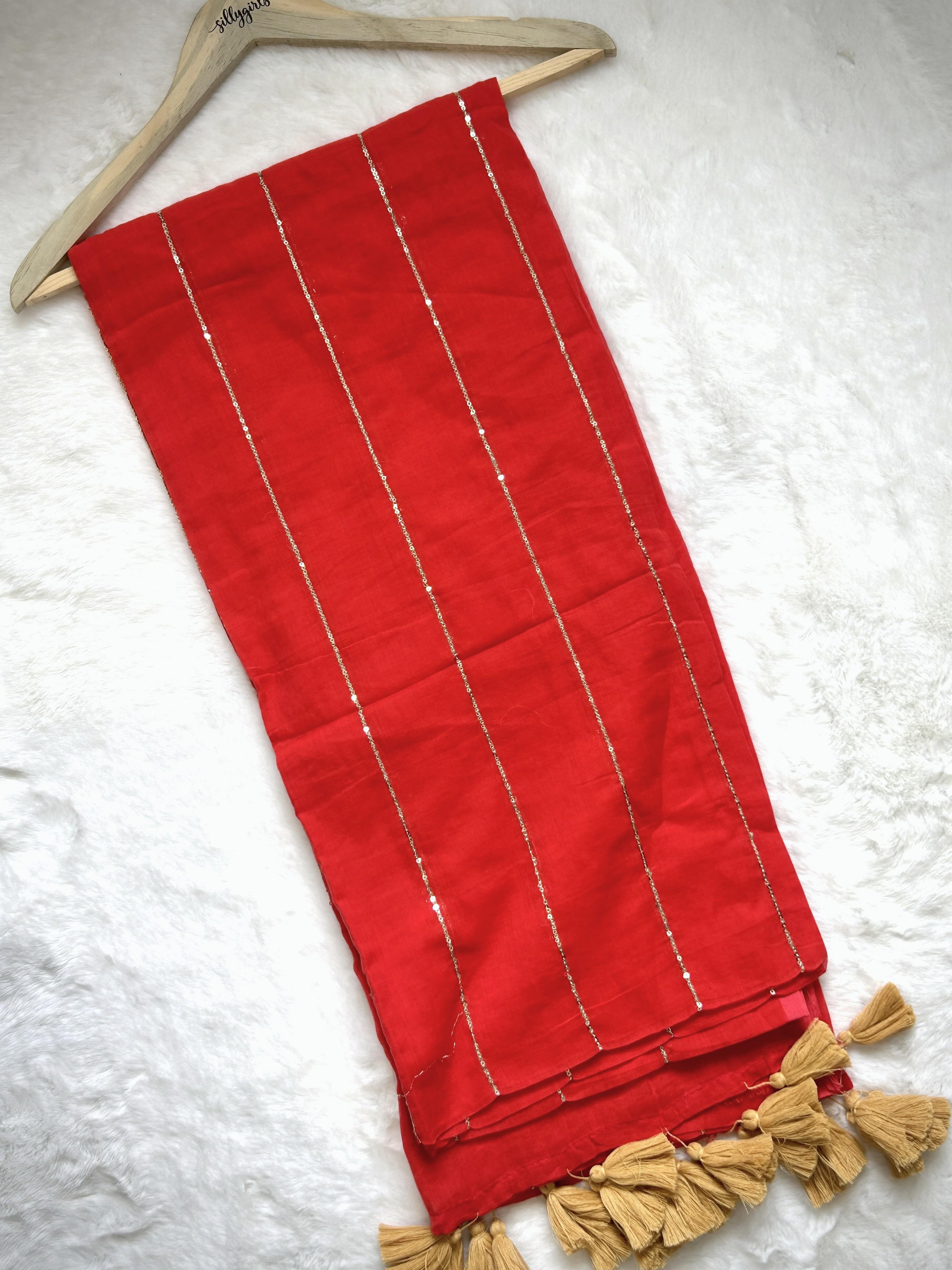 Vermilion Red Zari Stripe Tassel Saree