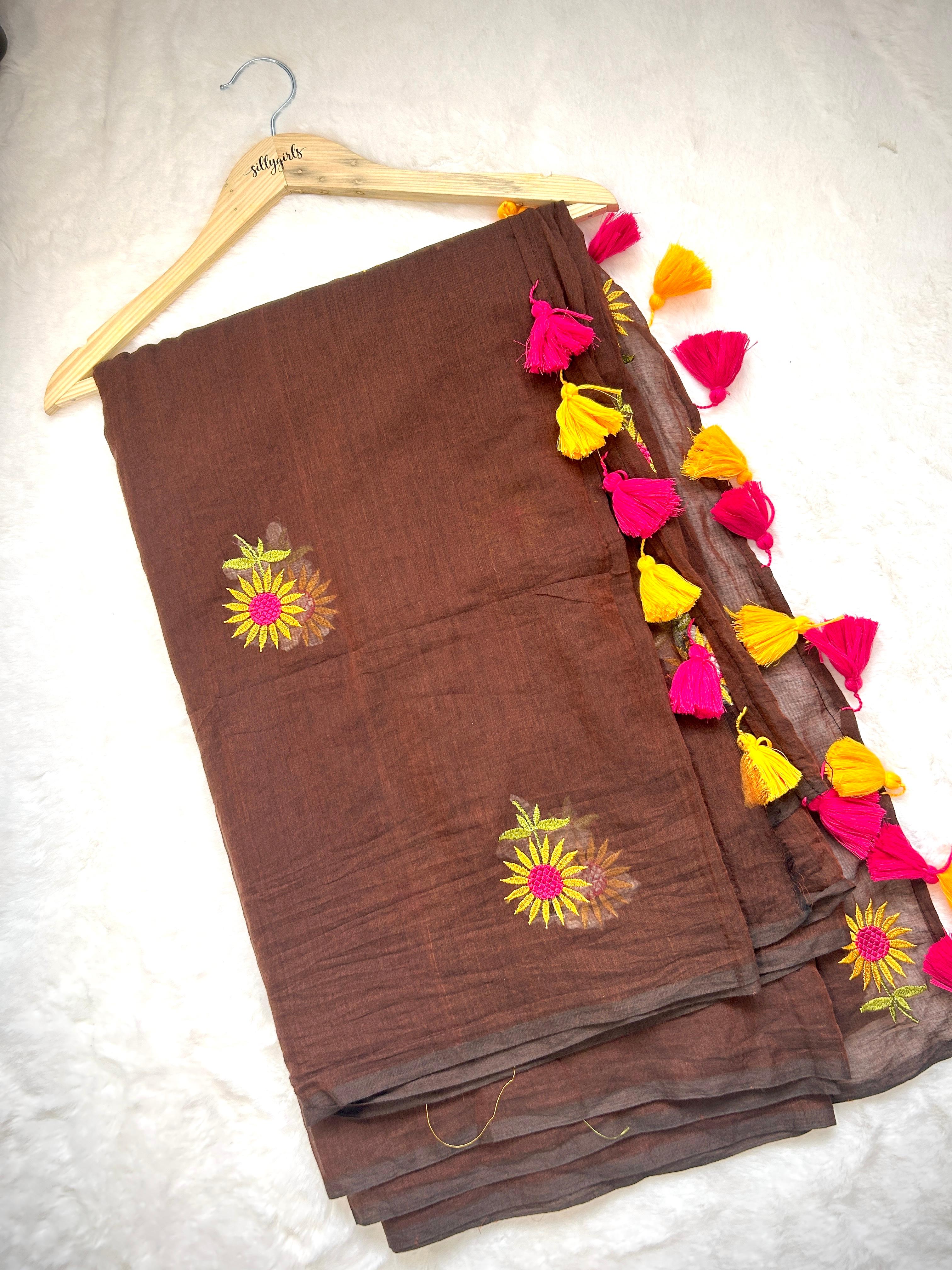 Chocolate Brown Floral Embroidered Tassel Saree