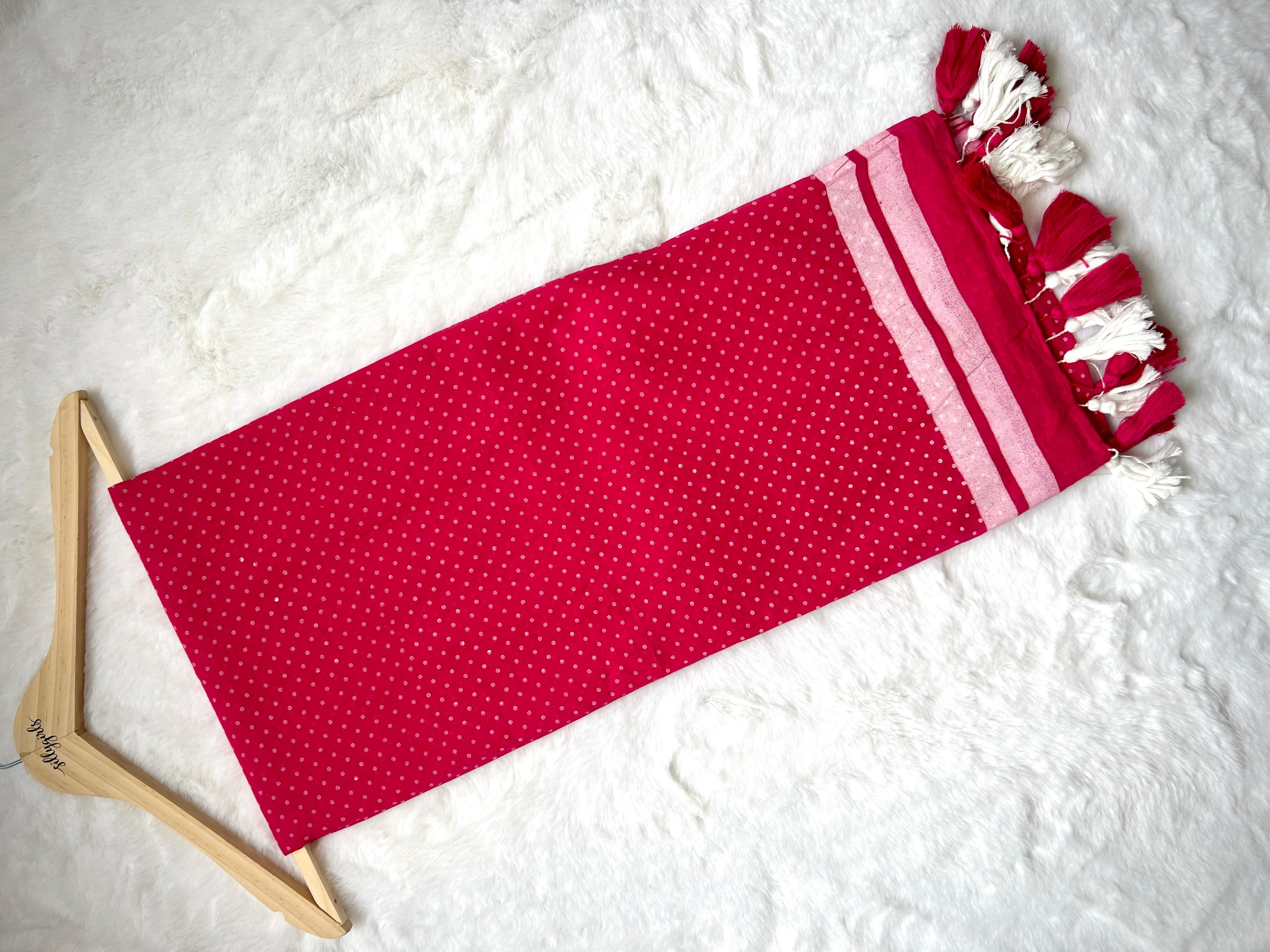Rani Pink Polka Dot Woven Tassel Saree