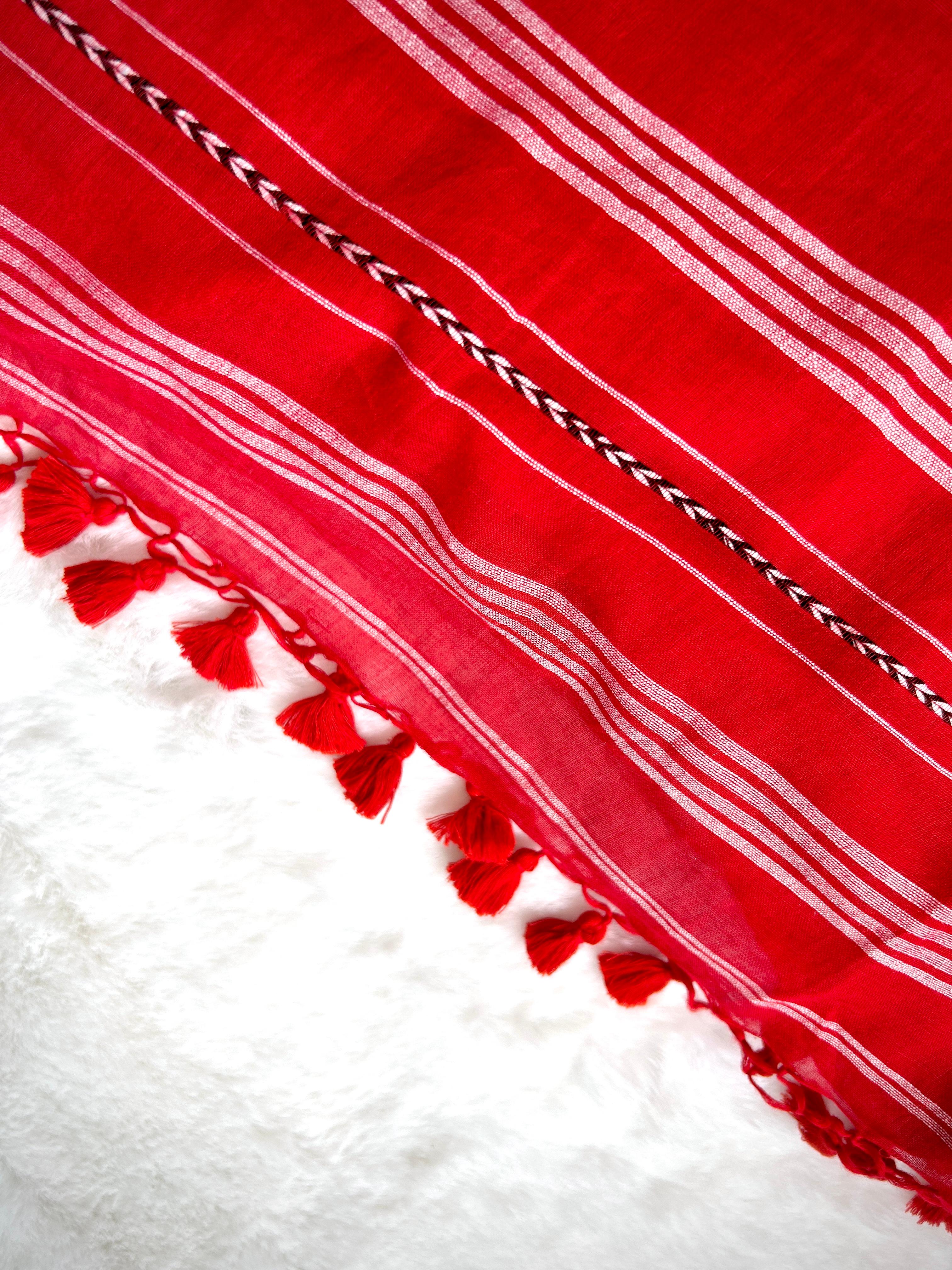 Scarlet Red Striped Handloom Tassel Saree