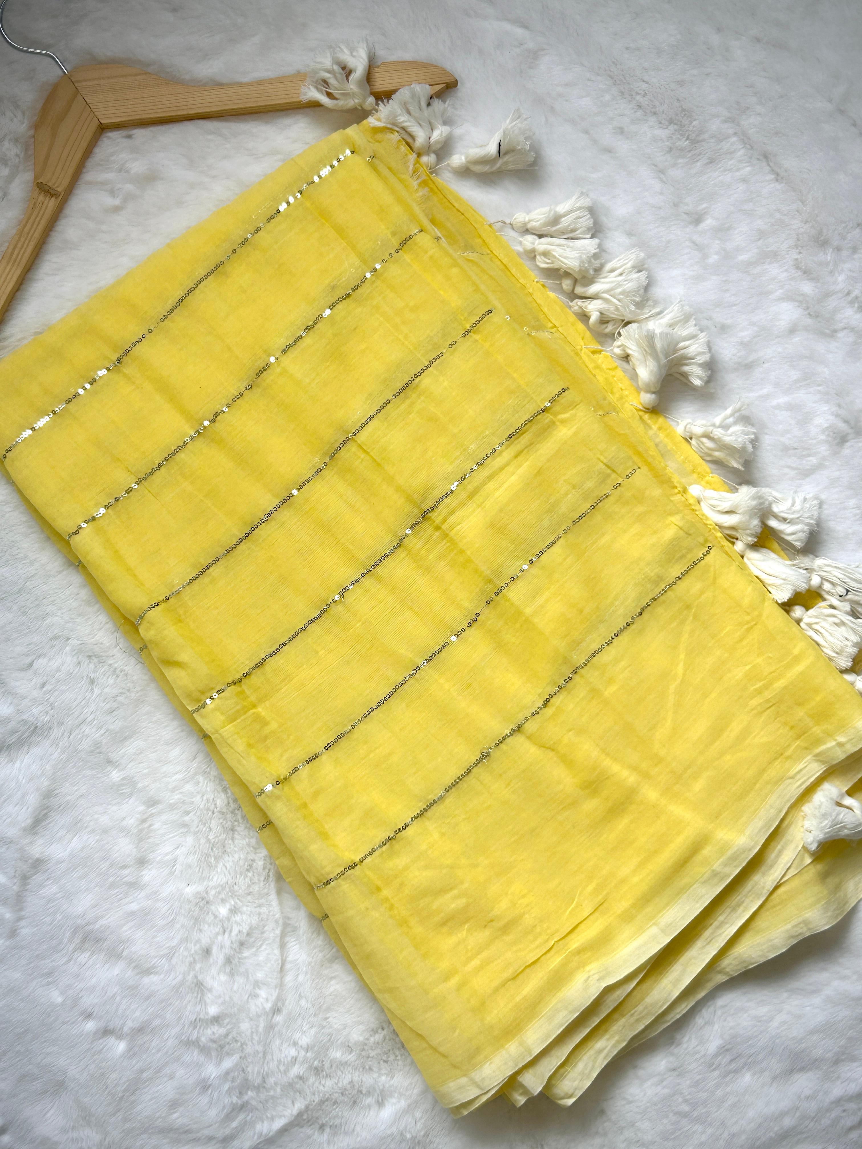 Lemon Yellow Sequin Stripe Tassel Saree