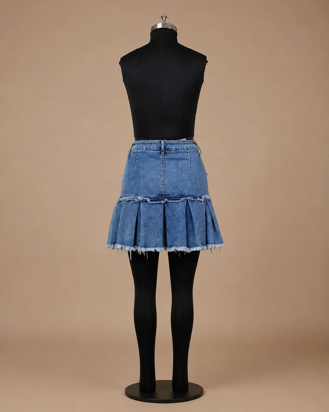 Blue Denim Ruffle-Hem Mini Skirt