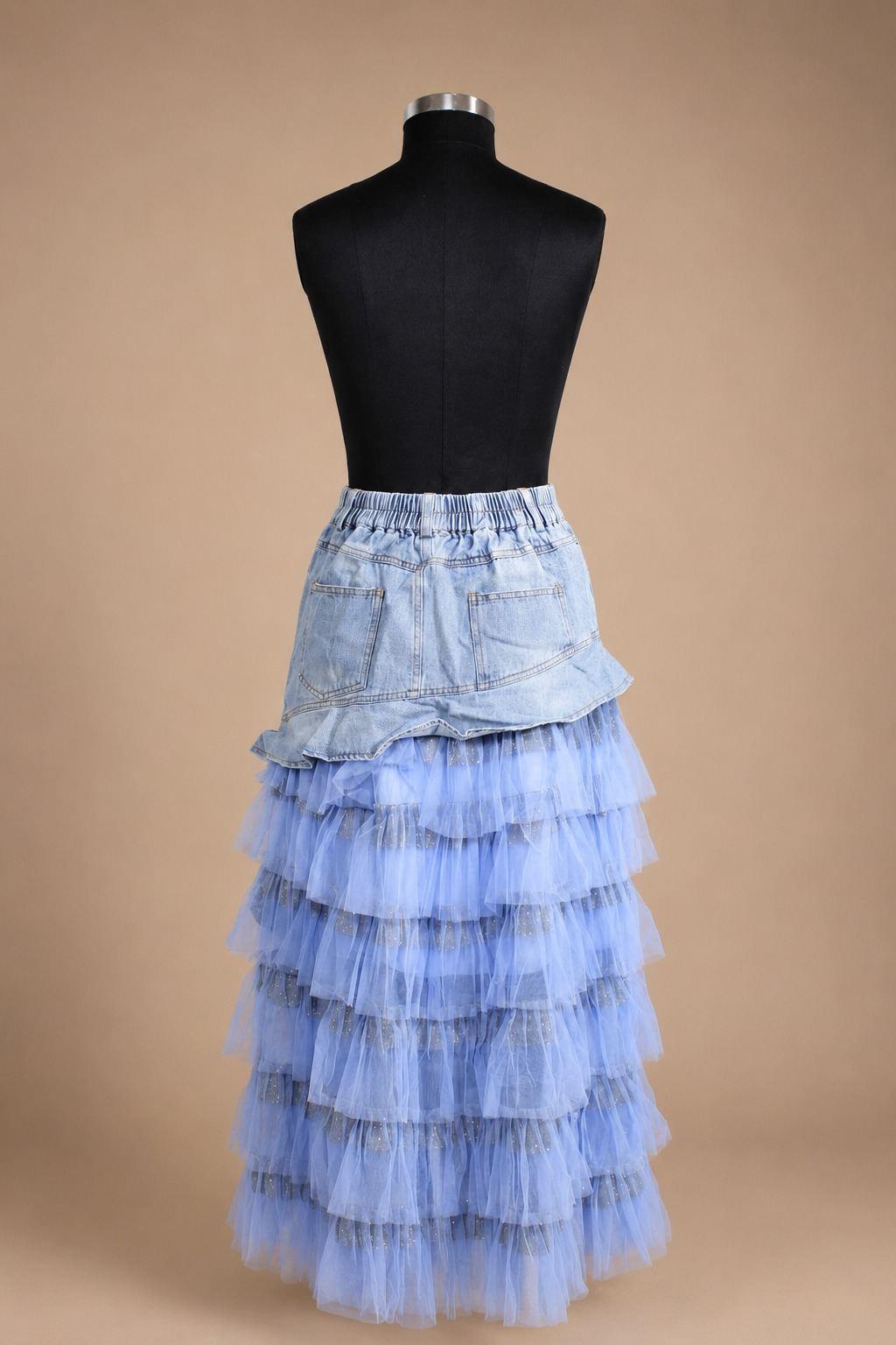 Blue Denim Asymmetric Ruffle Maxi Skirt