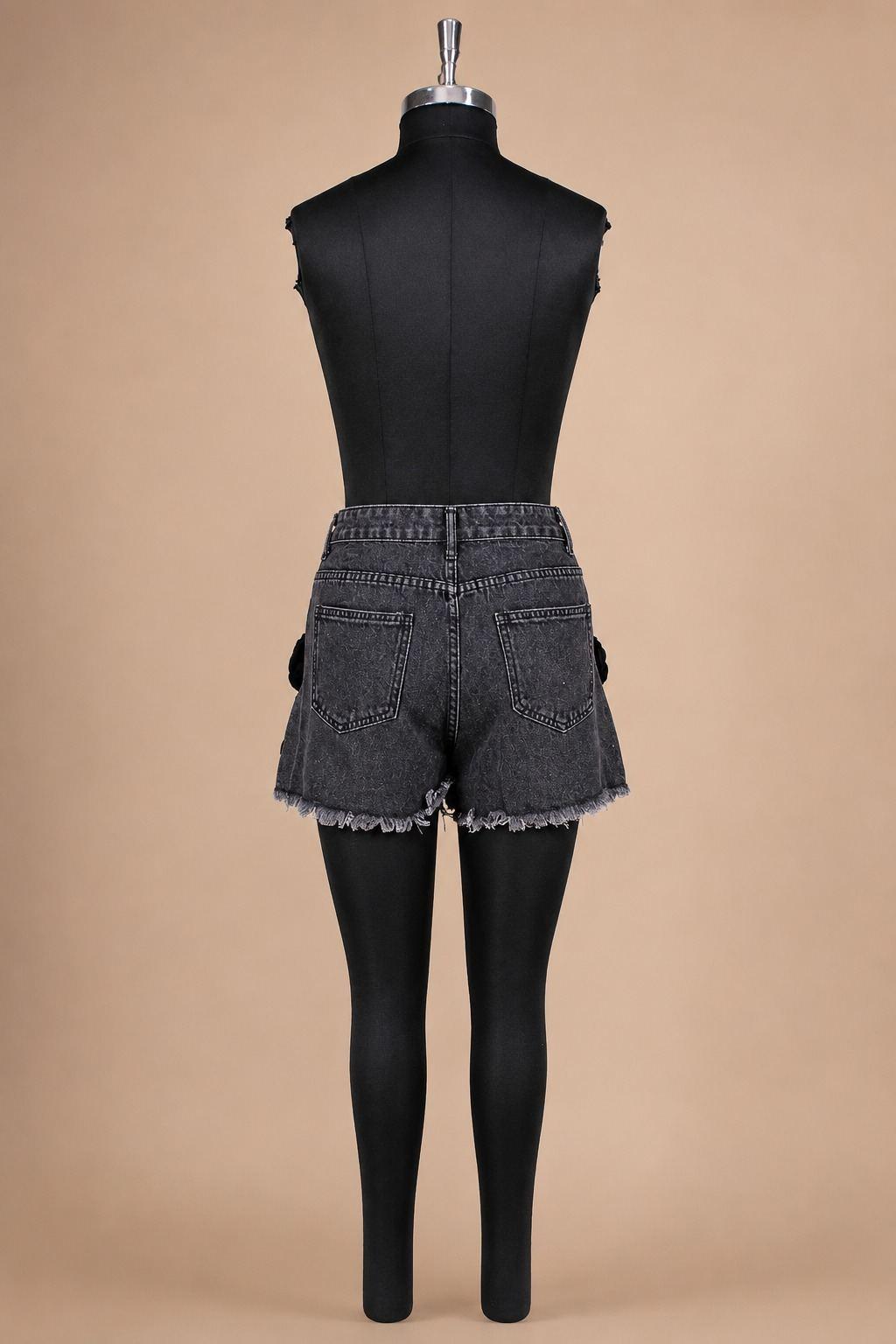 Black Floral Appliqué Denim Shorts