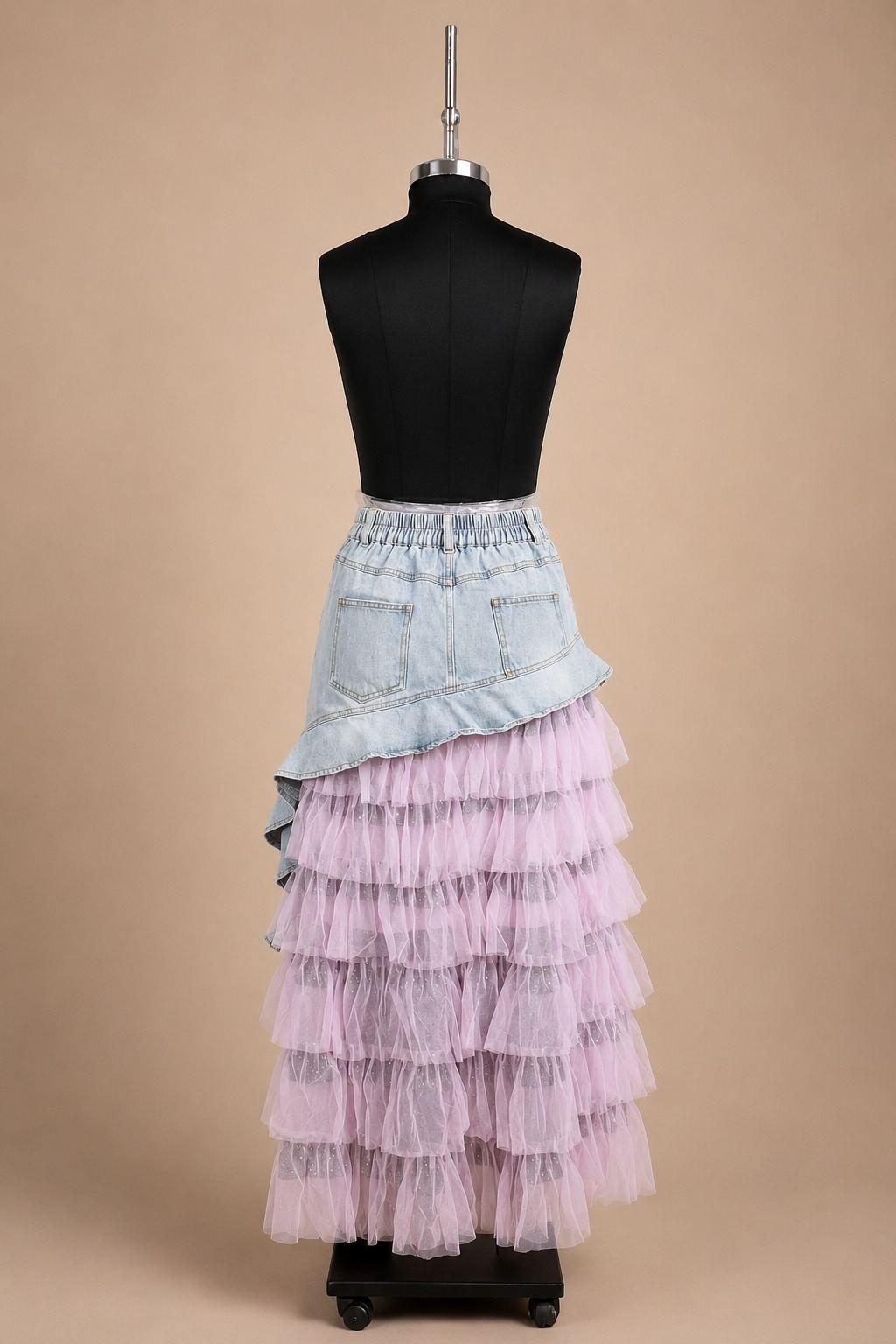 Blue Denim Pink-Tulle Ruffle Maxi Skirt