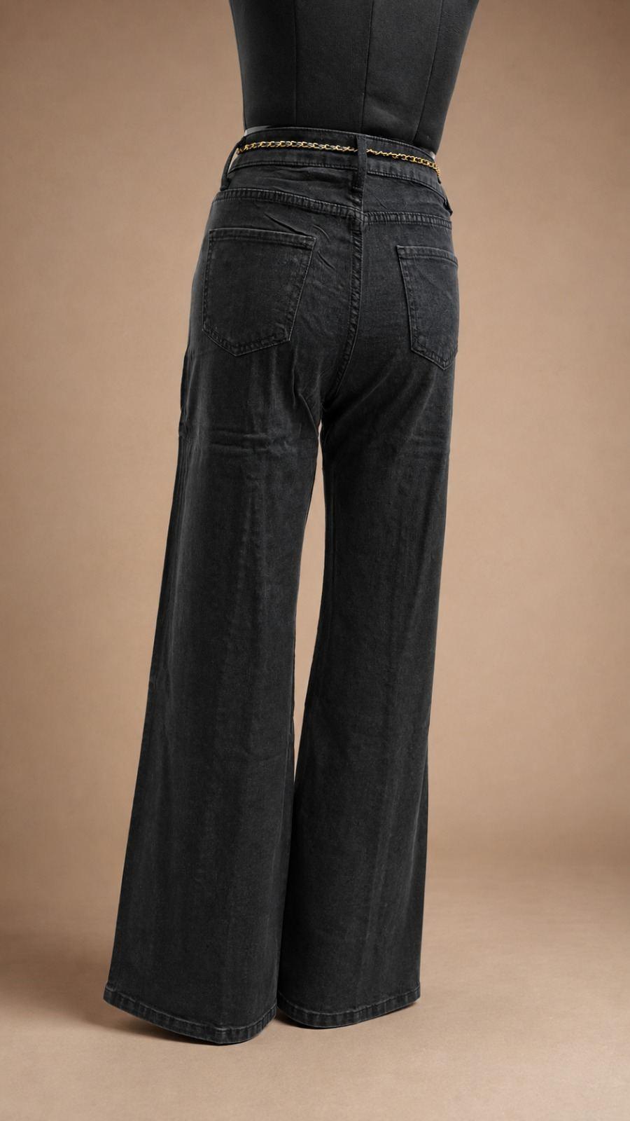 Black Shimmer Wide-Leg Trousers with Side Lace
