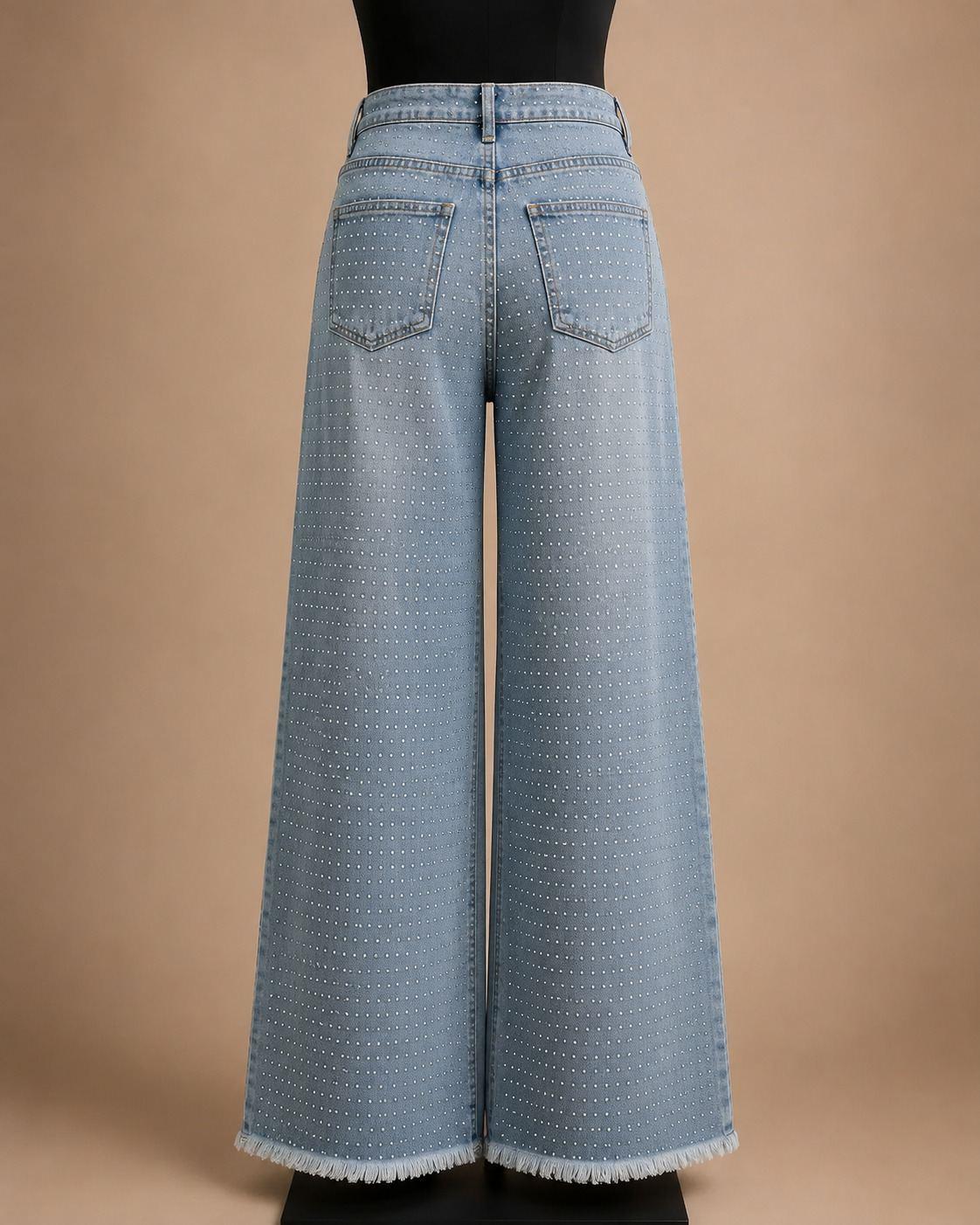 Light Blue Micro-Stud Wide-Leg Jeans