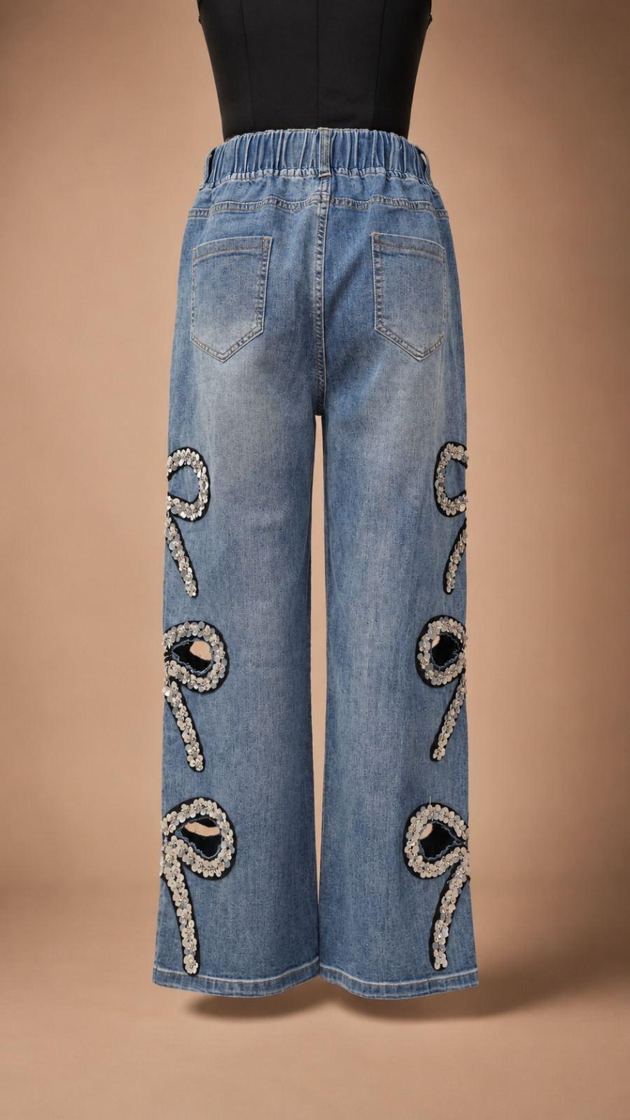 Blue Embellished Motif Wide-Leg Jeans