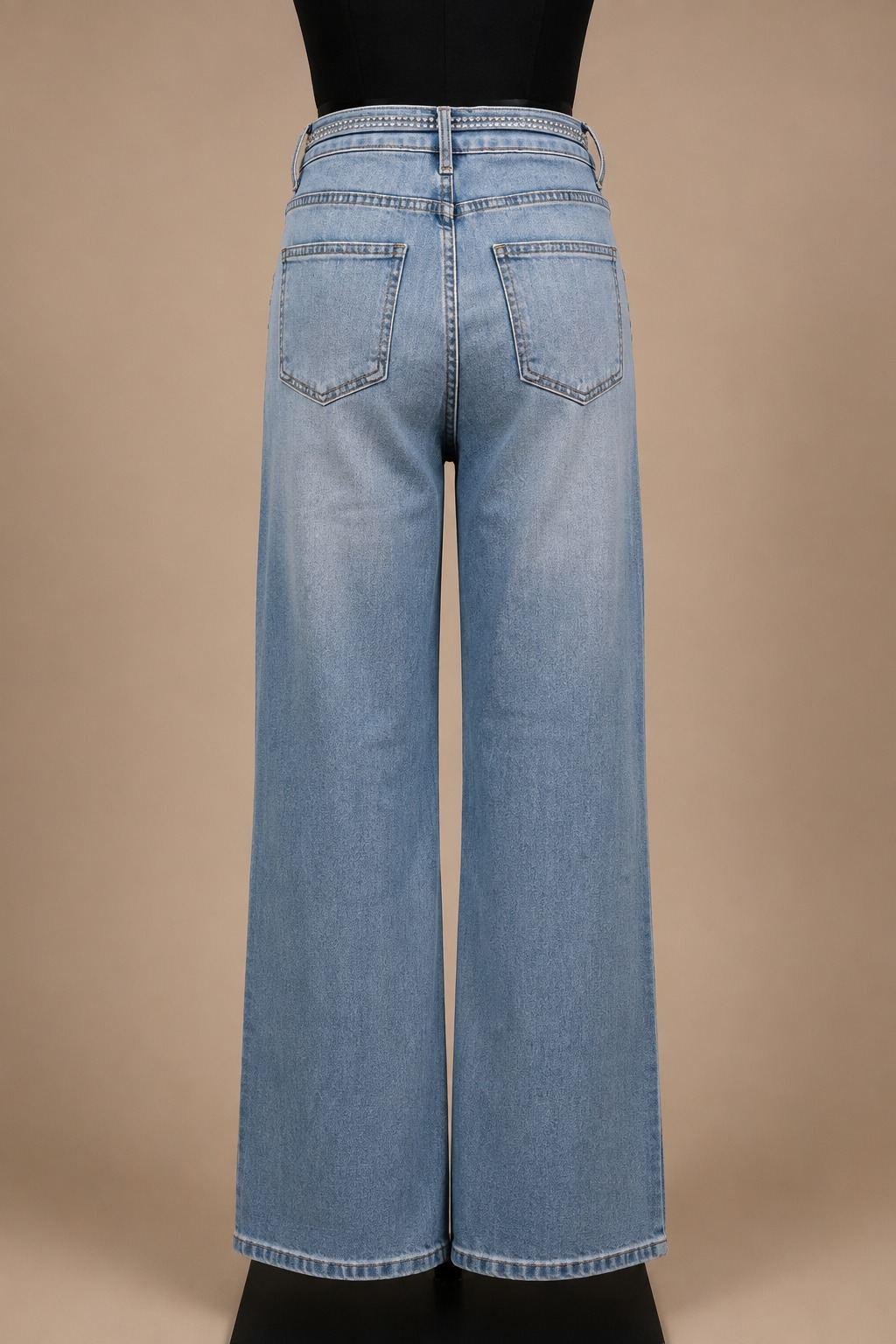 Light Blue Rhinestone-Pocket Wide-Leg Jeans