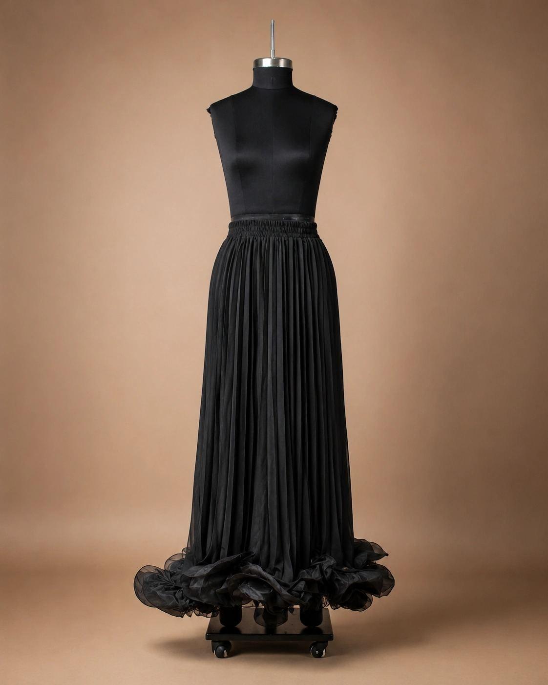 Black Pleated Maxi Skirt with Ruffle Hem