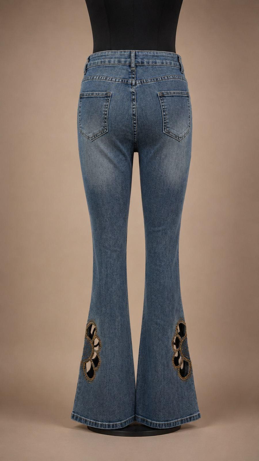 Blue Floral Cutout Flared Jeans