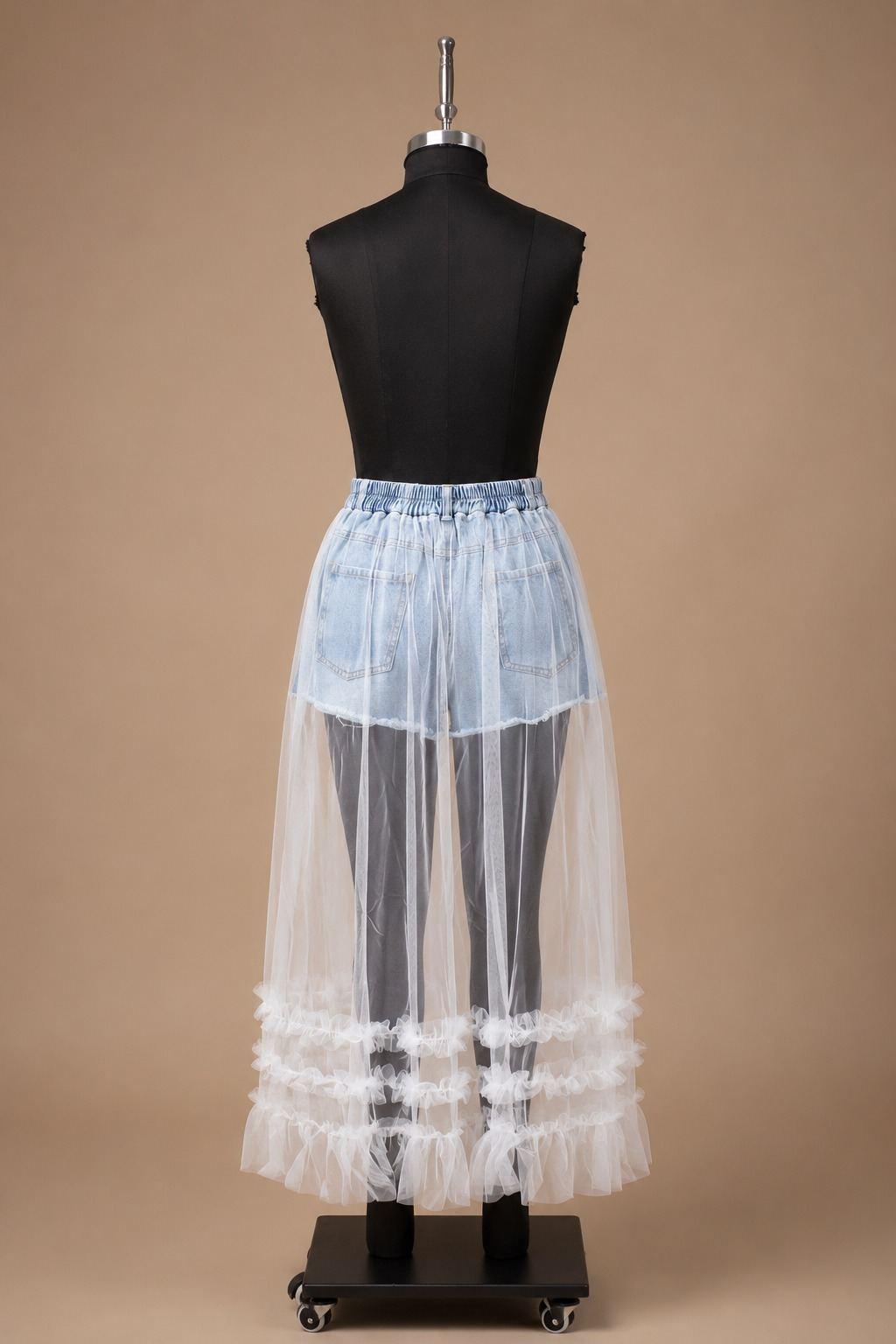 Denim Mini Skirt with White Mesh Maxi Overlay