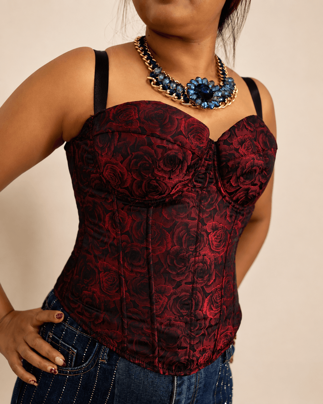 Burgundy & Black Rose Jacquard Strappy Corset Top