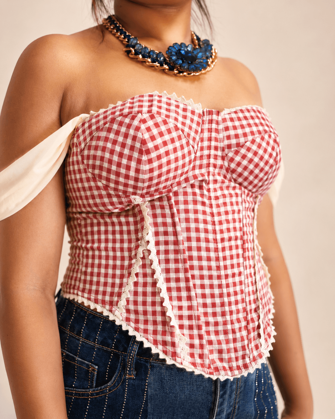 Red & White Gingham Off-Shoulder Corset Top