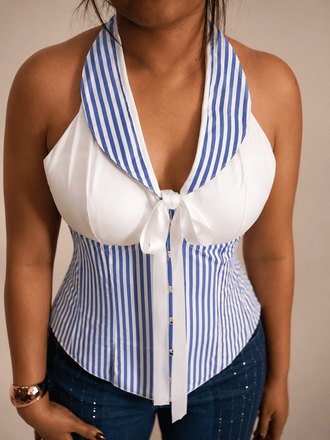 Blue & White Striped Halter Tie Corset Top