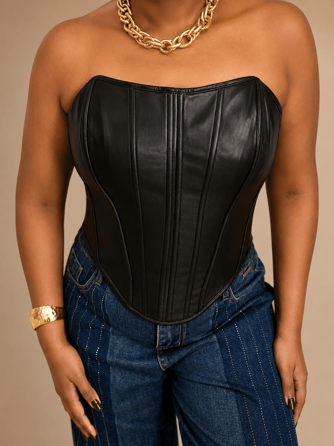 Black Faux Leather Strapless Corset Top