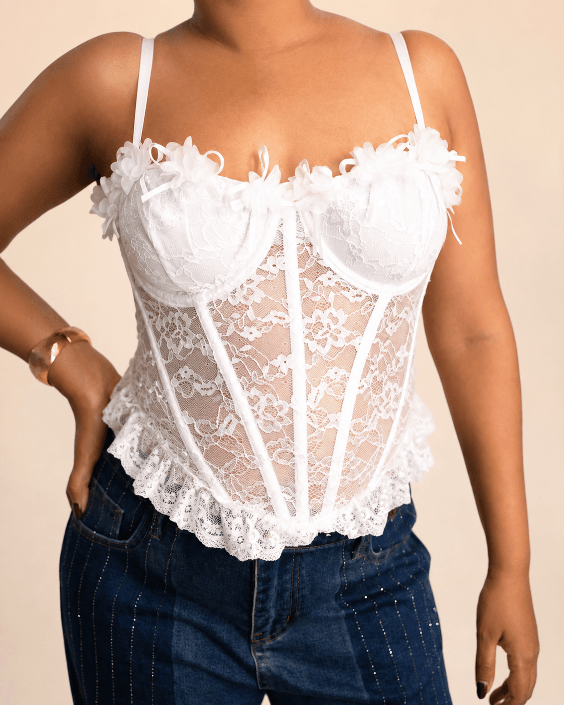 White Floral Lace Underwire Strappy Corset Top