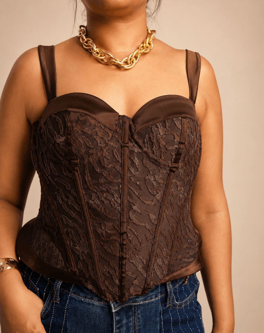 Chocolate Brown Floral Lace Strappy Corset Top