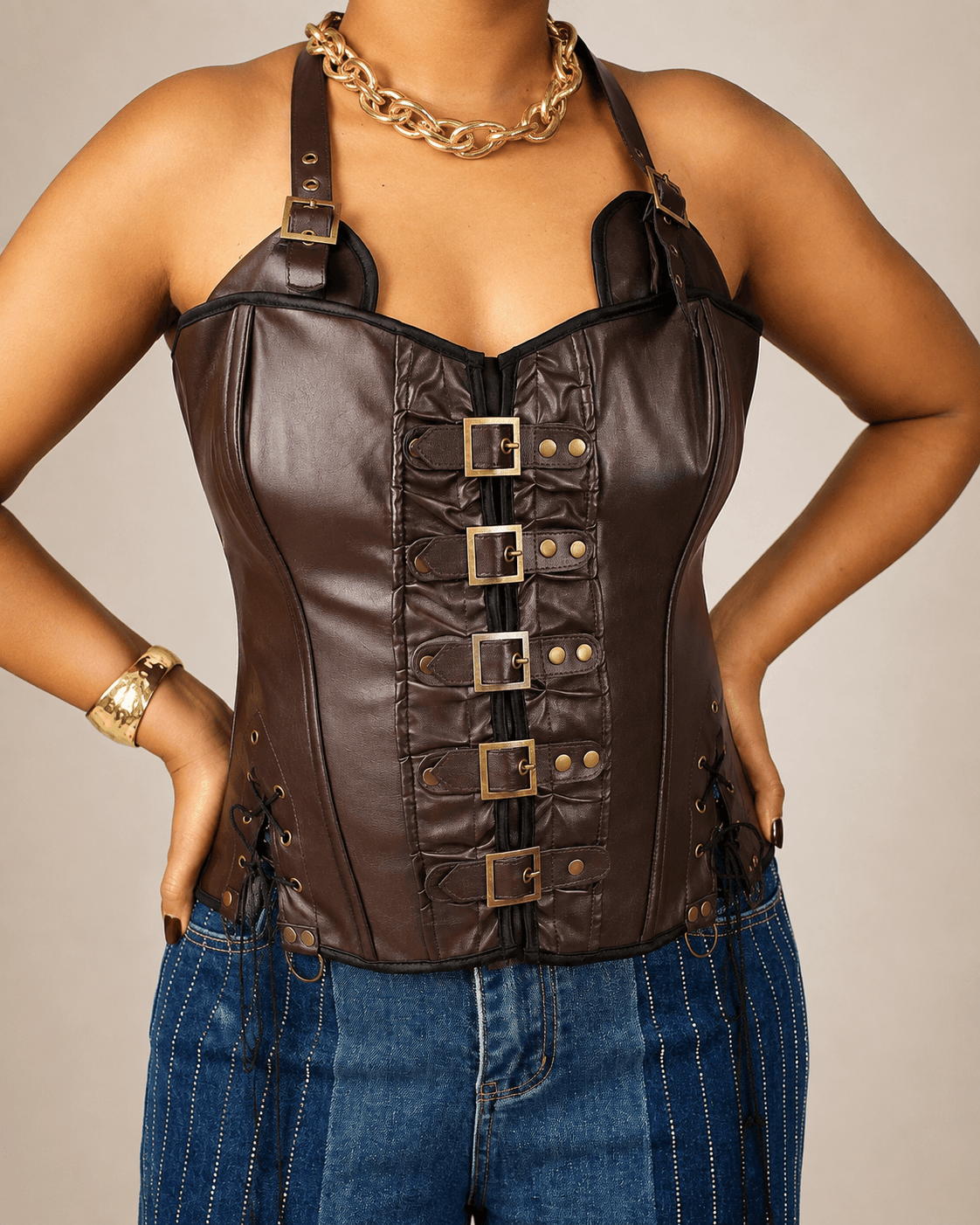 Chocolate Brown Buckle-Strap Faux Leather Corset Top