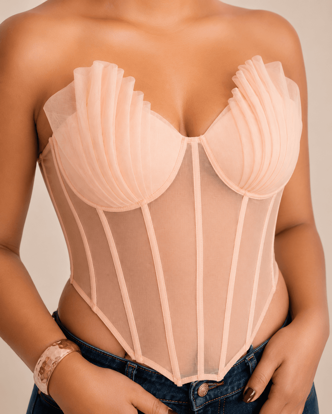 Blush Peach Sculpted Shell-Cup Mesh Corset Top