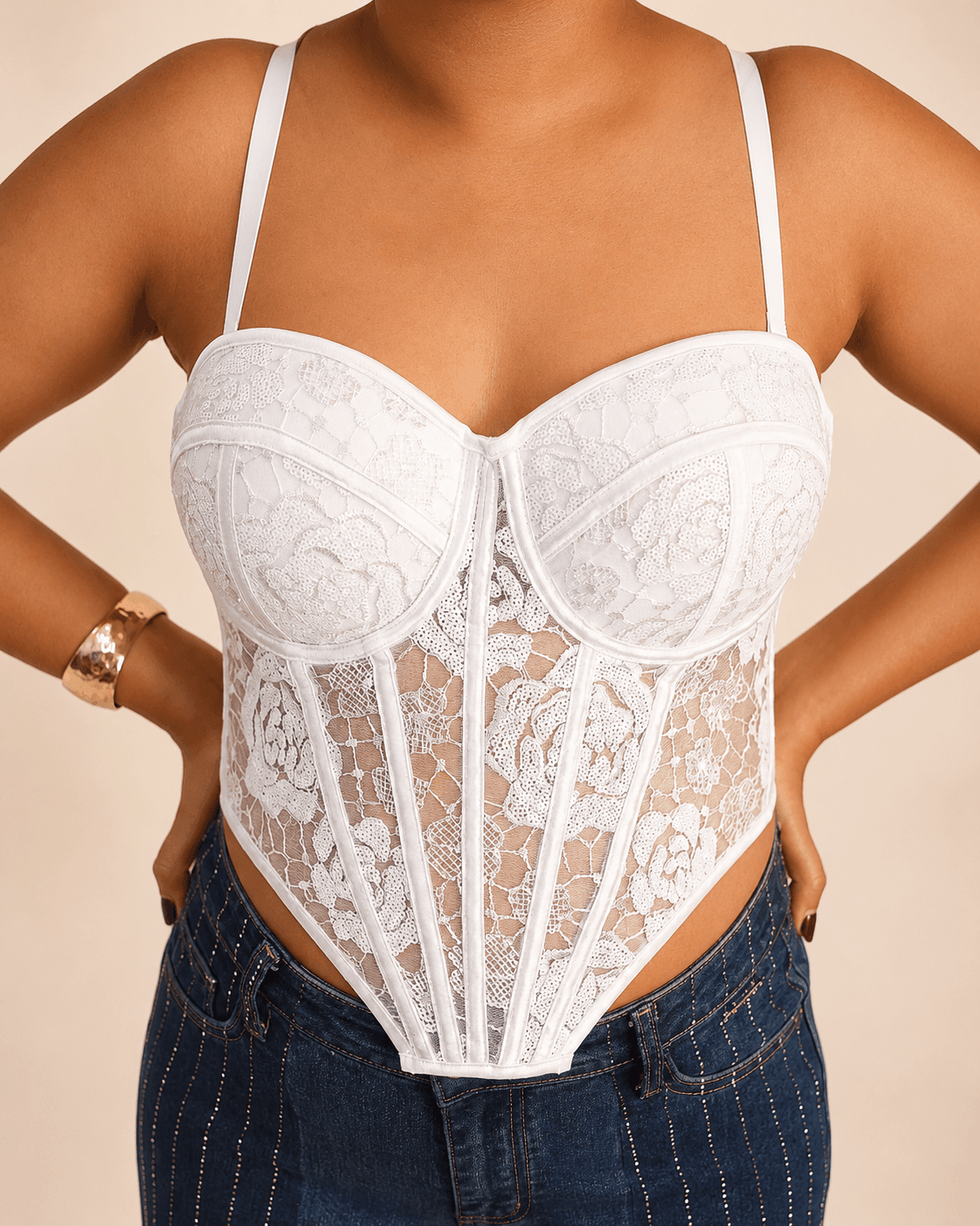 White Floral Lace Underwire Strappy Corset Top