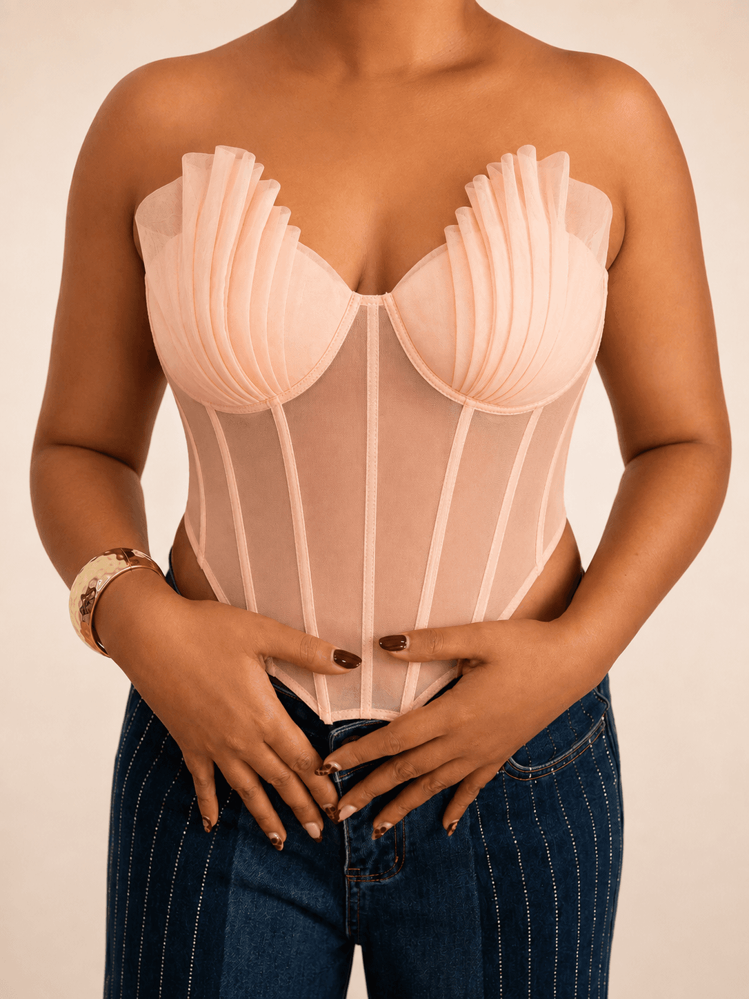 Blush Peach Sculpted Shell-Cup Mesh Corset Top