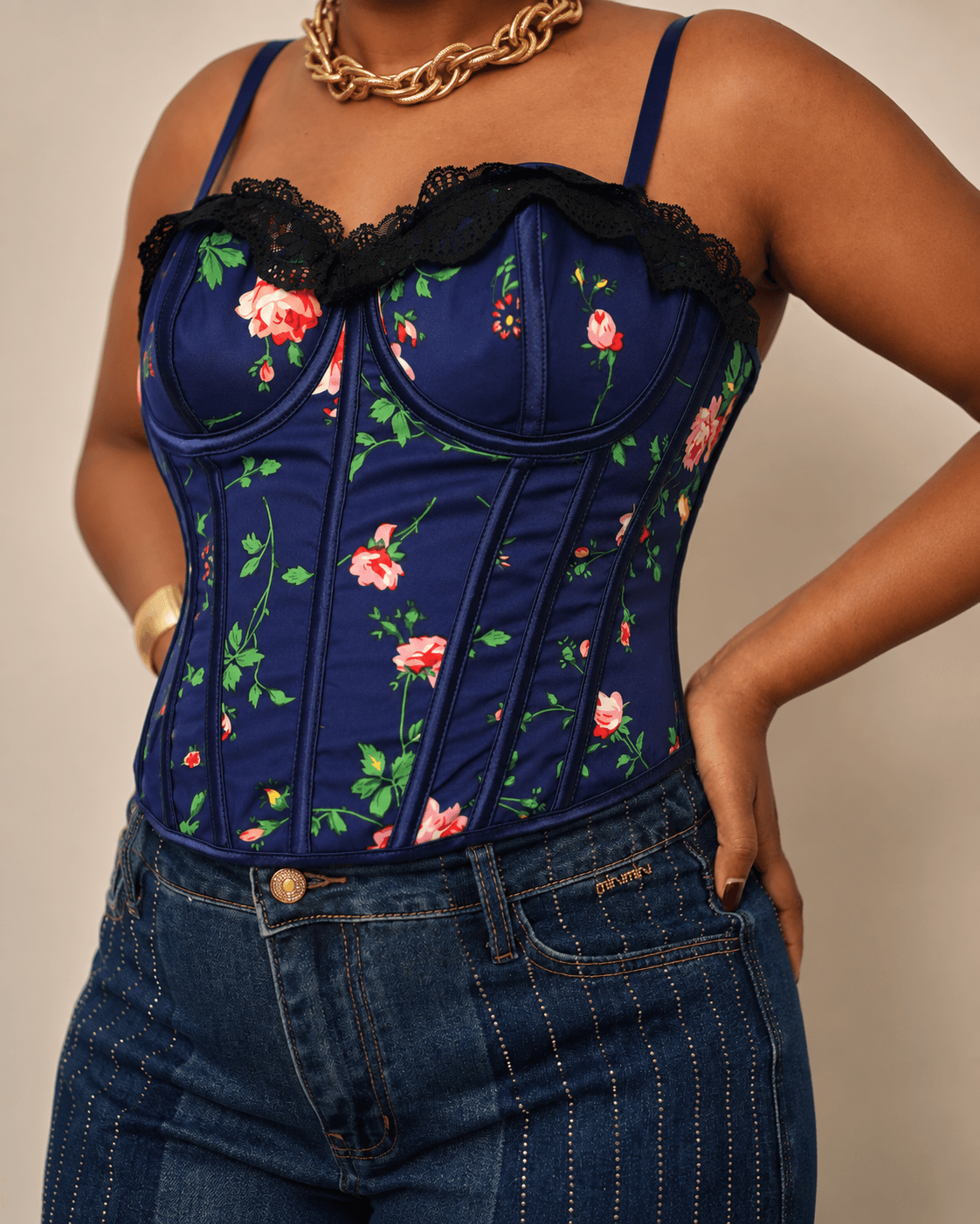 Navy Floral Satin Lace-Trim Strappy Corset Top