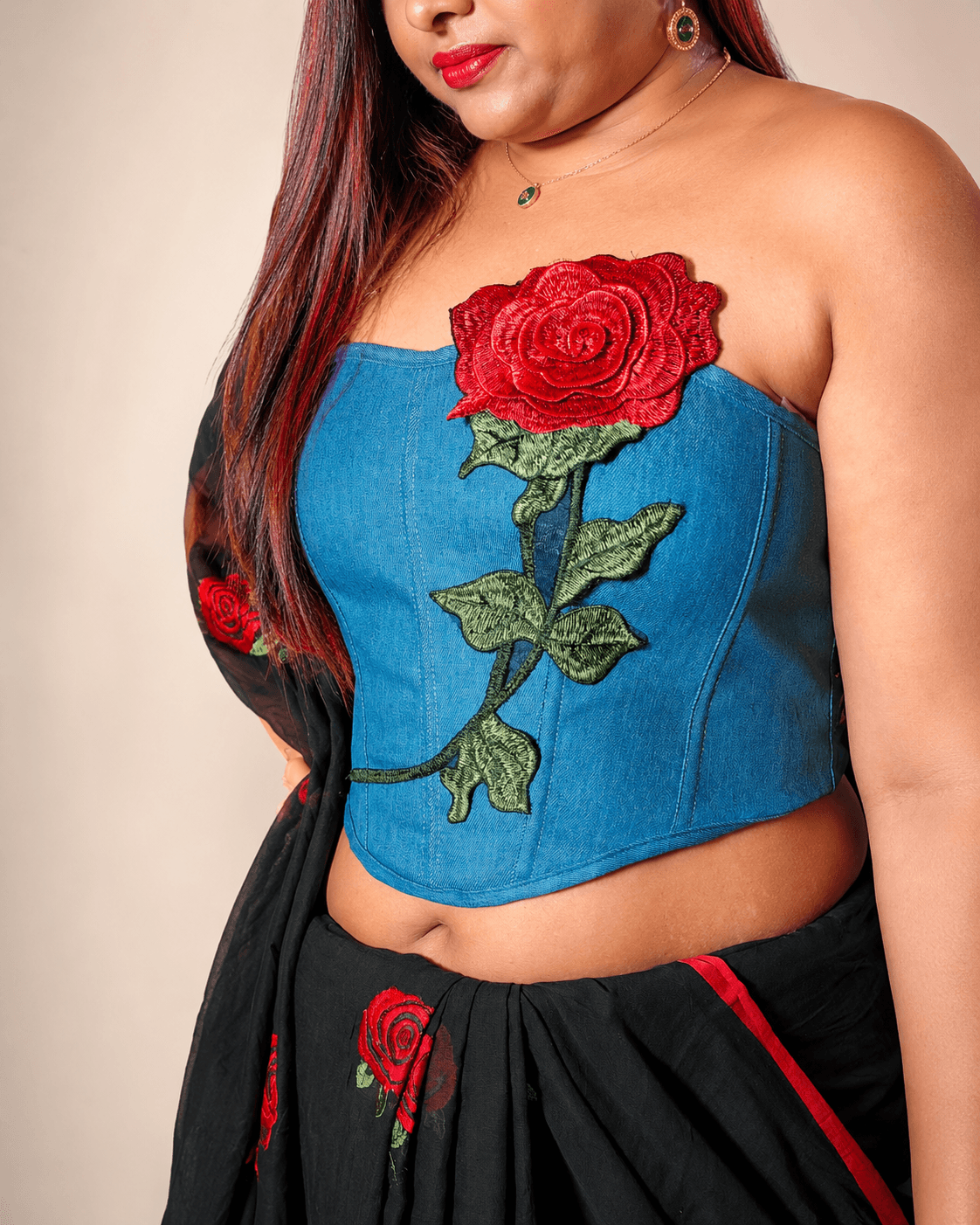 Teal Blue Rose Applique Strapless Corset Top