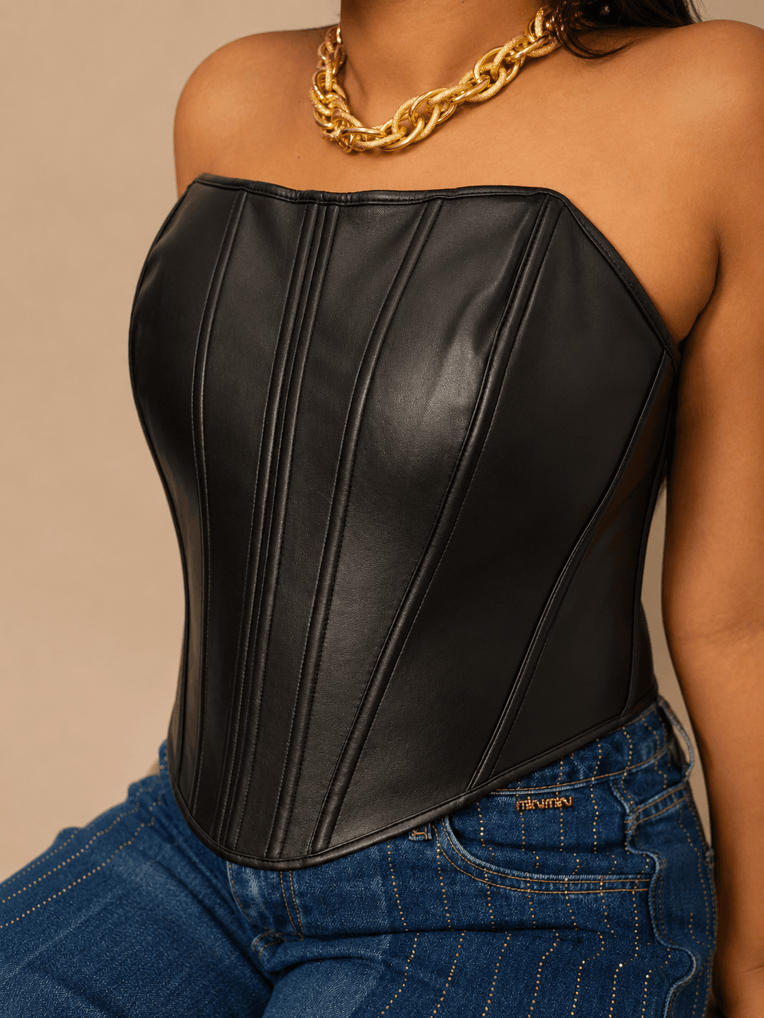 Black Faux Leather Strapless Corset Top