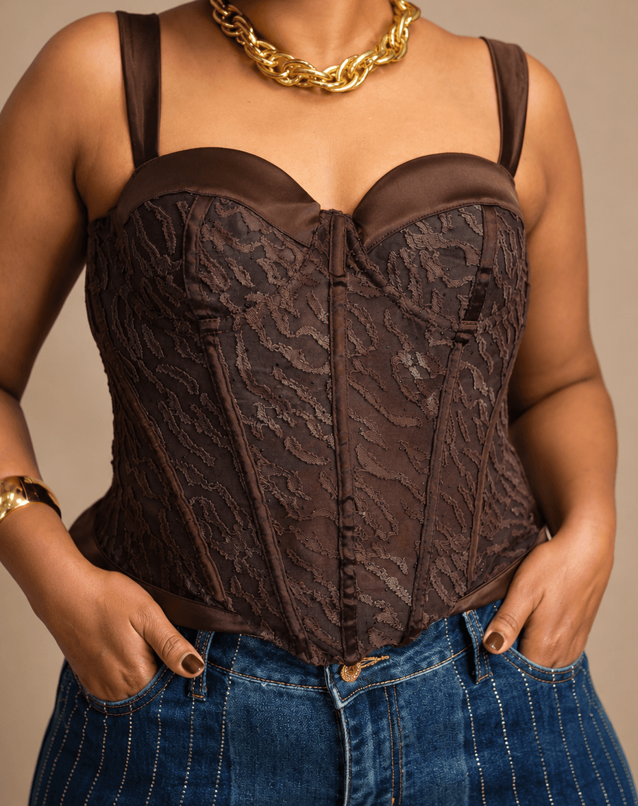 Chocolate Brown Floral Lace Strappy Corset Top