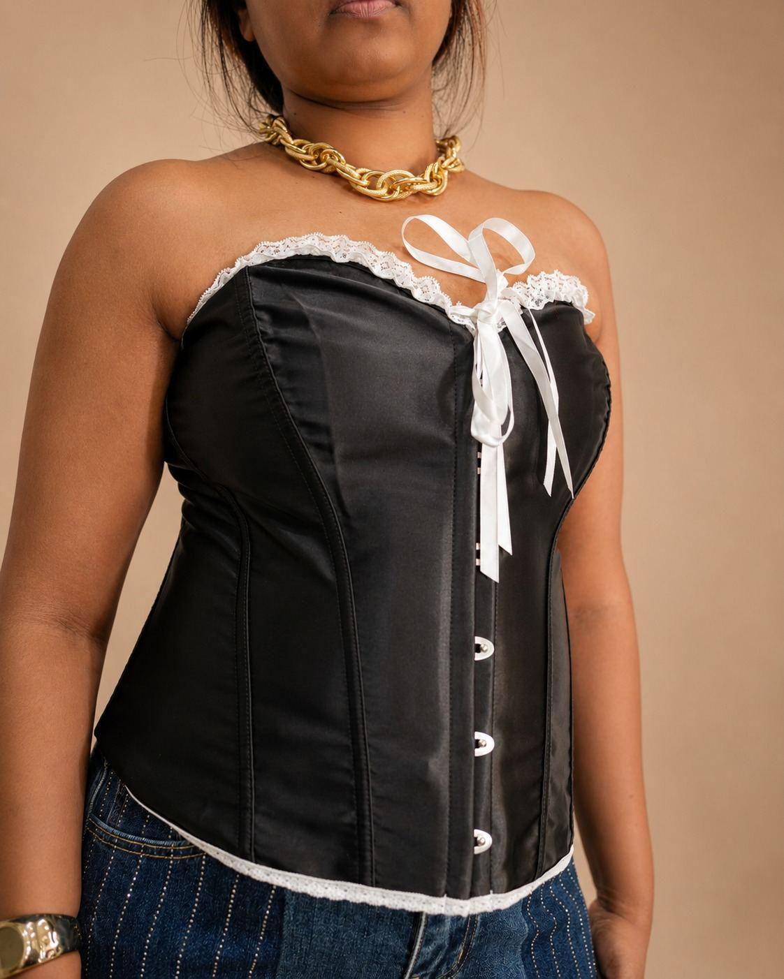 Black Satin White Lace-Trim Strapless Corset Top