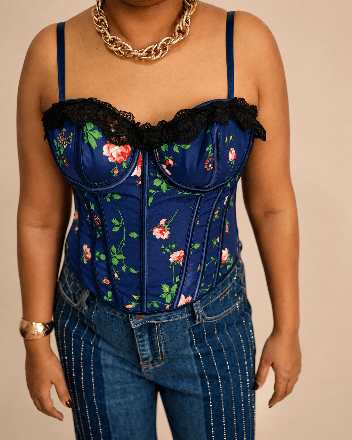 Navy Floral Satin Lace-Trim Strappy Corset Top