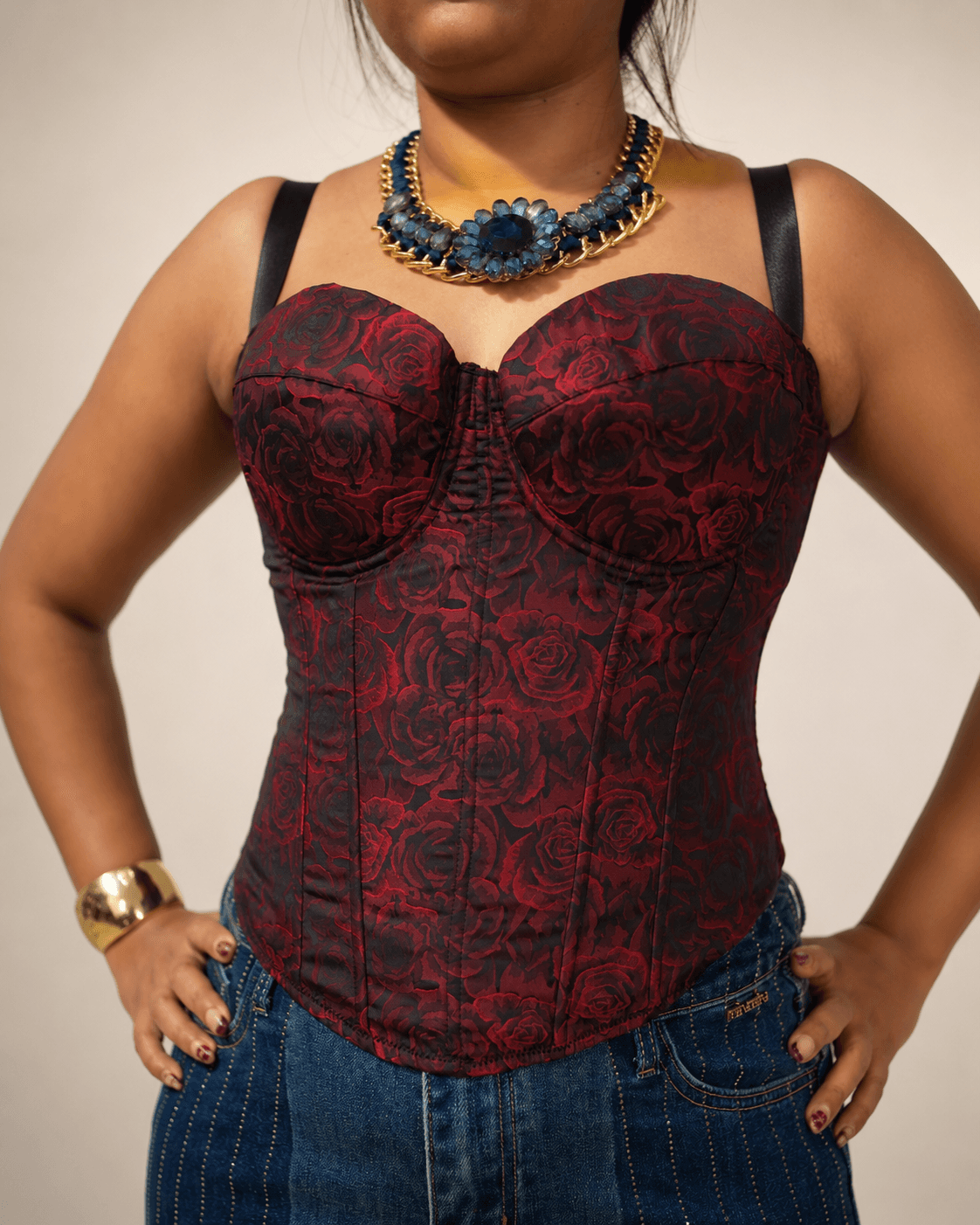 Burgundy & Black Rose Jacquard Strappy Corset Top