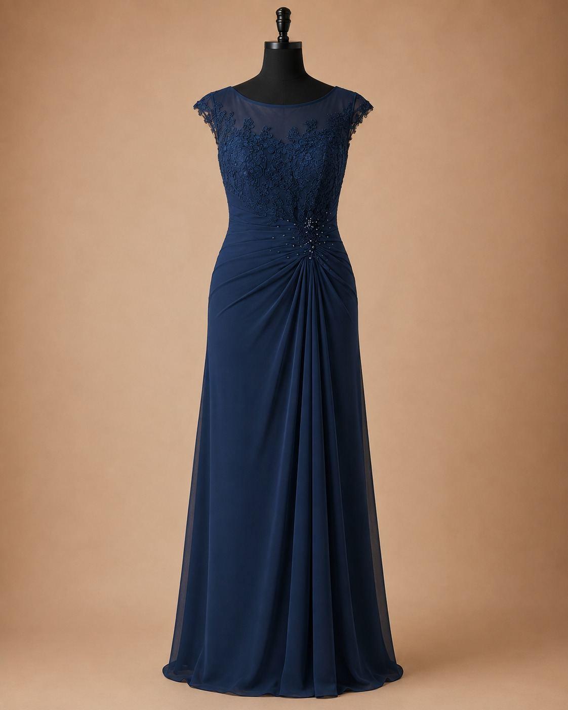 Navy Blue Lace Shoulder Gown
