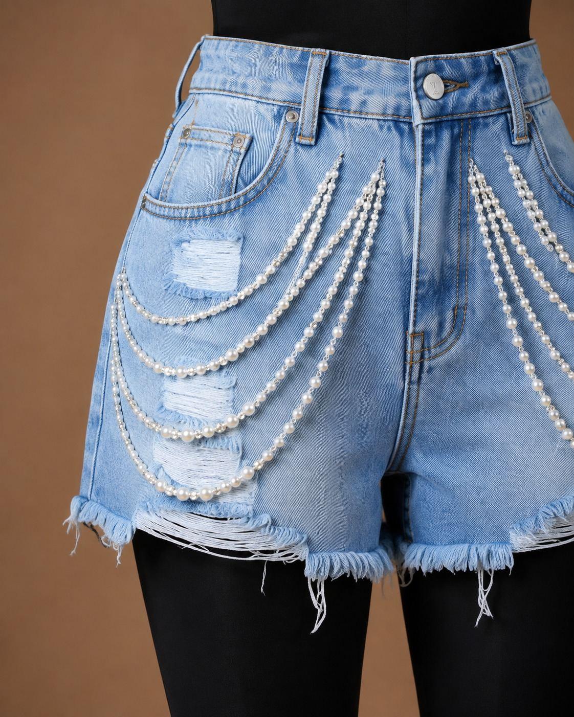 Light Blue Pearl-Chain Denim Shorts