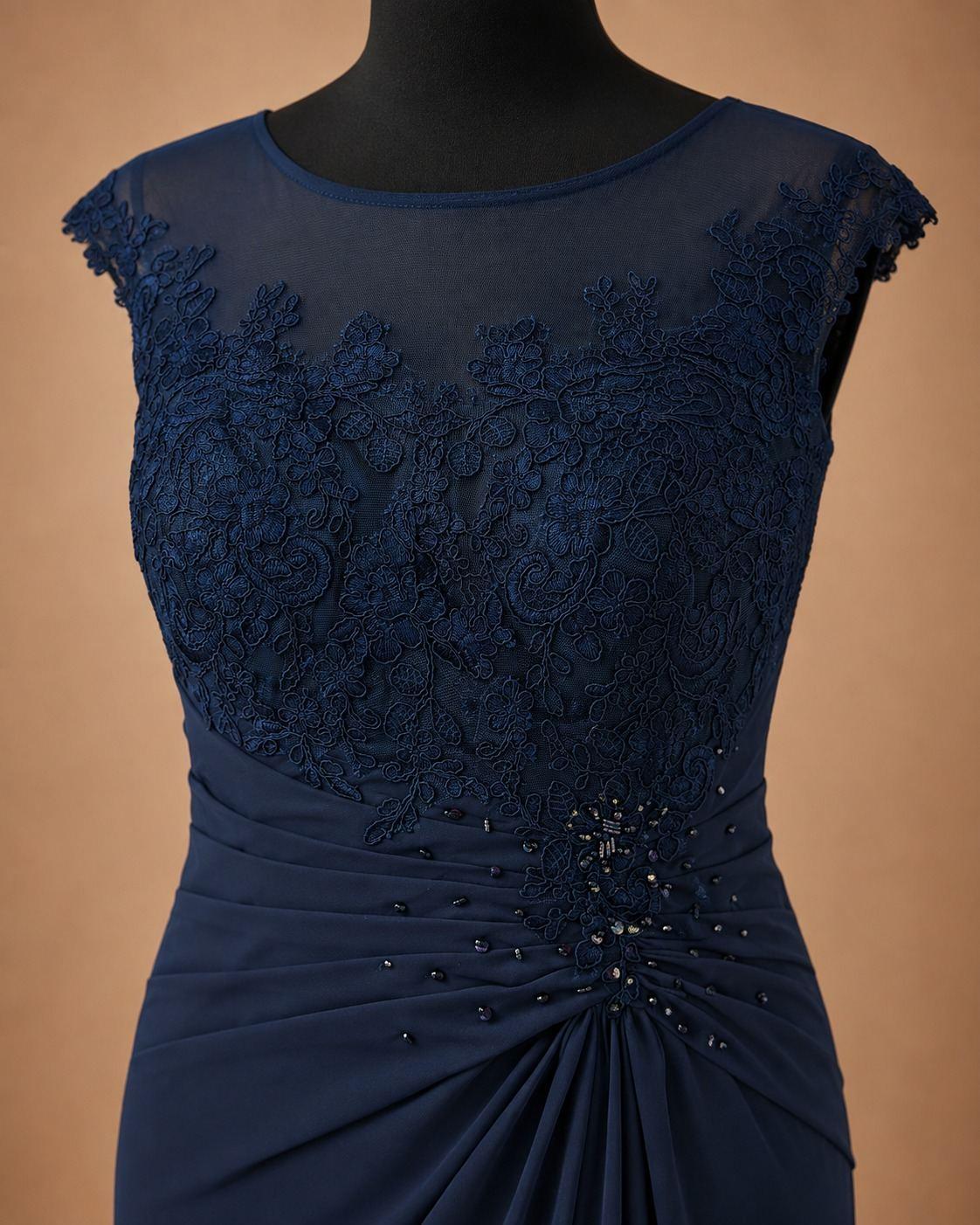 Navy Blue Lace Shoulder Gown