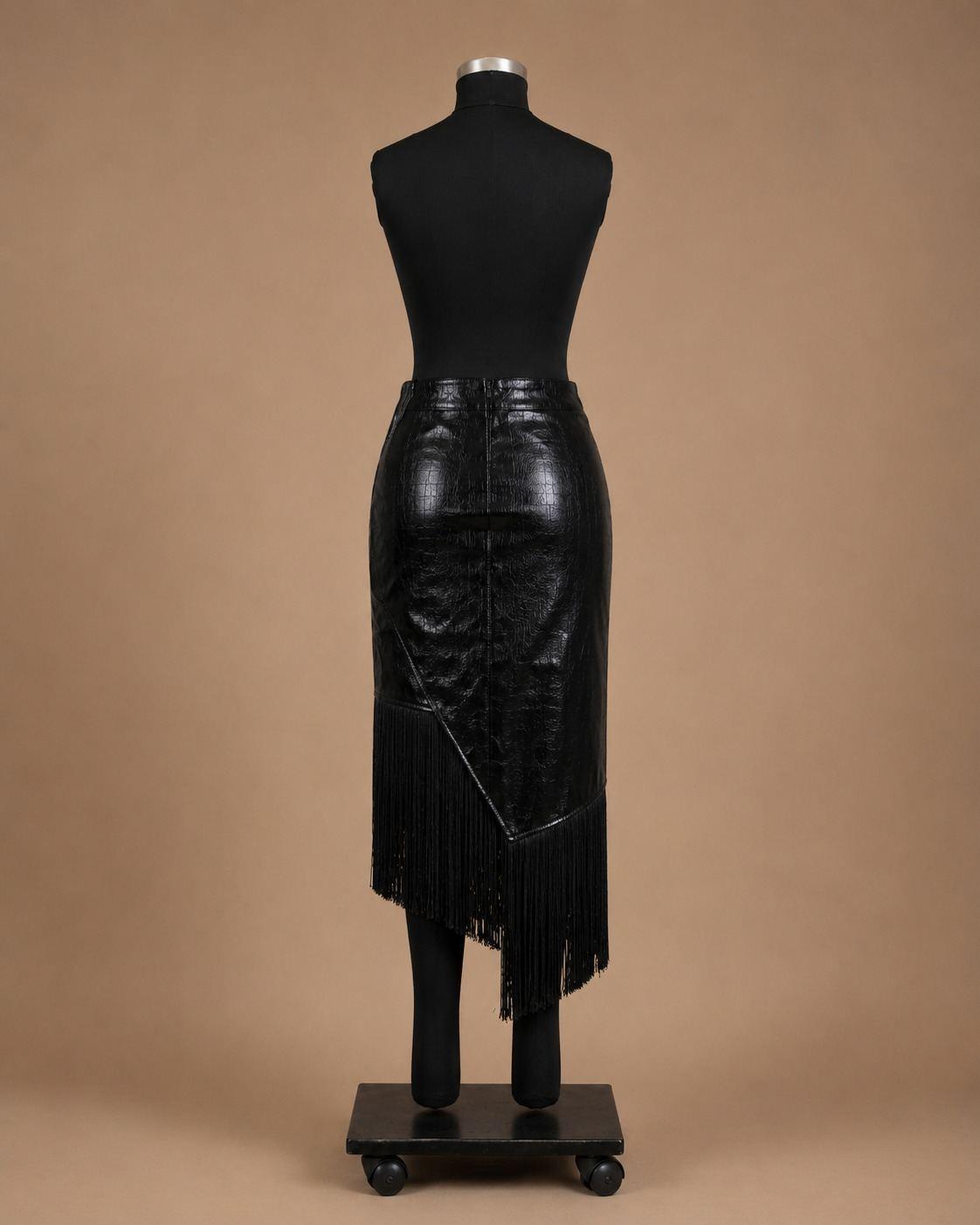 Black Faux-Leather Fringe Midi Skirt