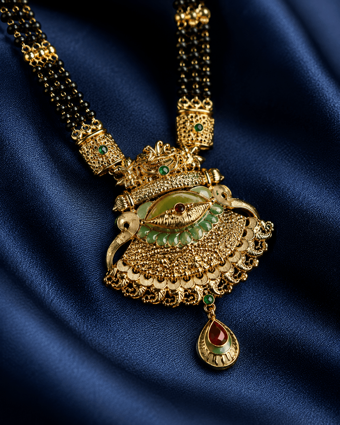 Emerald Peacock Fan Pendant Mangalsutra