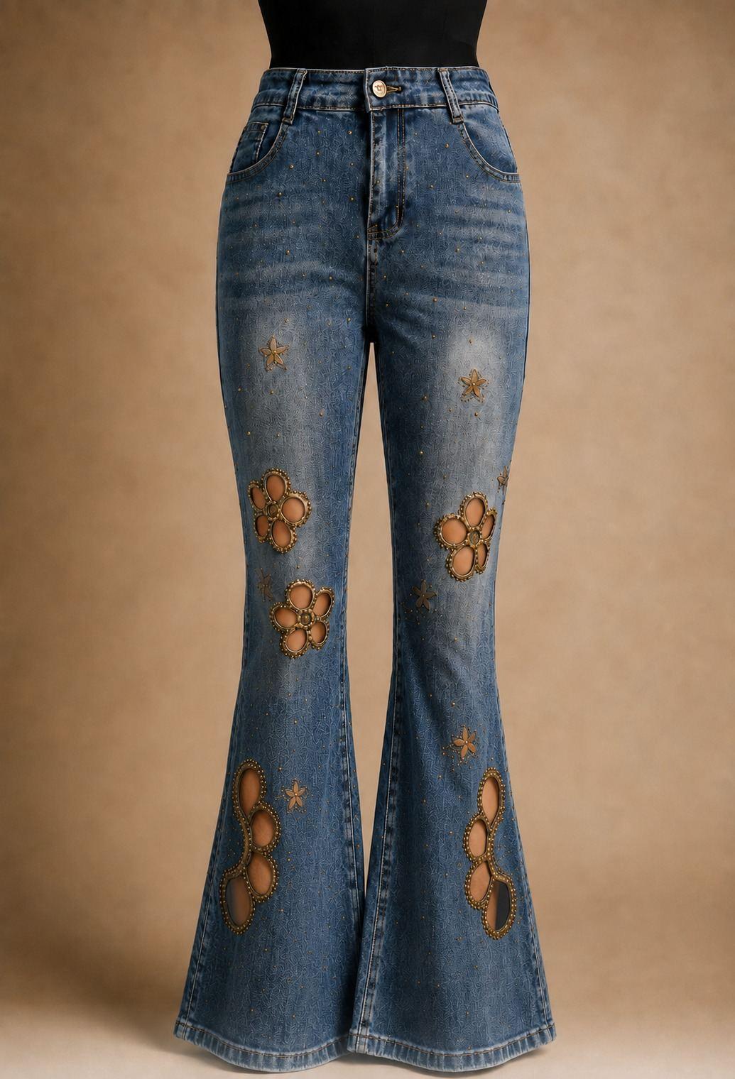 Blue Floral Cutout Flared Jeans