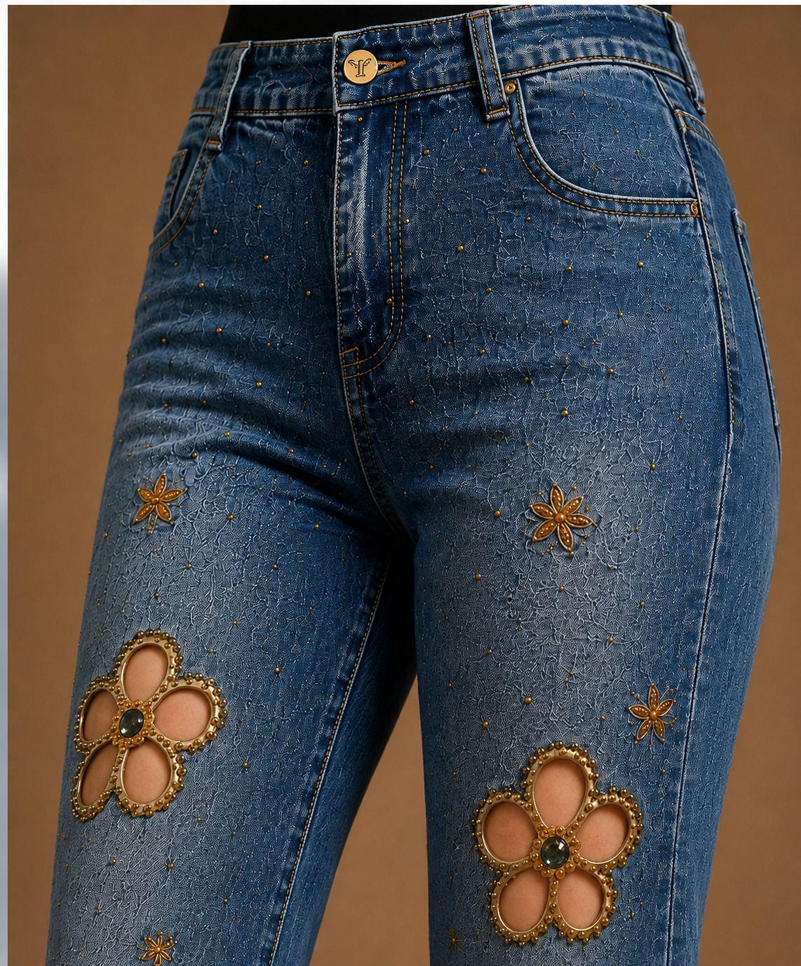 Blue Floral Cutout Flared Jeans