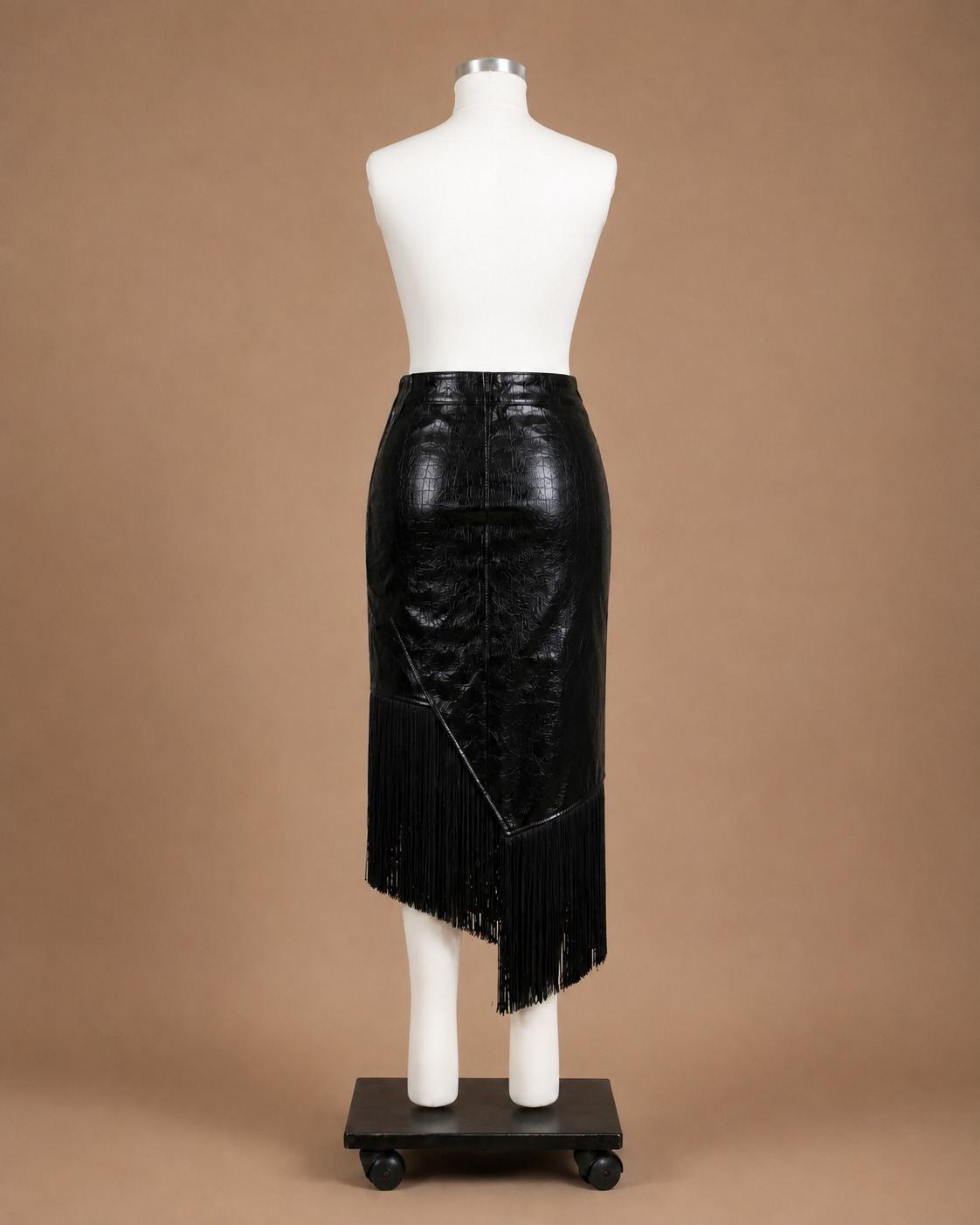 Black Faux-Leather Fringe Midi Skirt