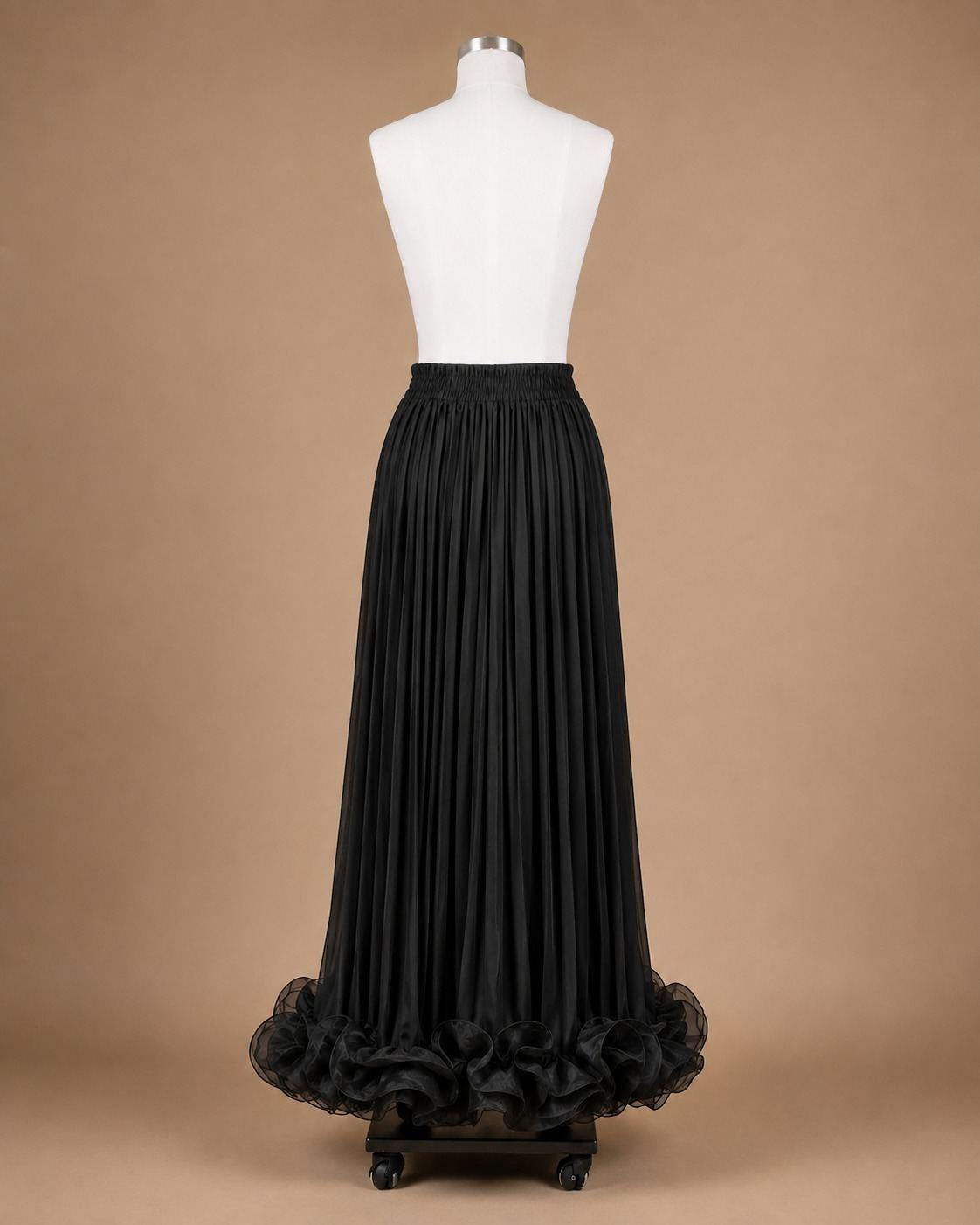 Black Pleated Maxi Skirt with Ruffle Hem