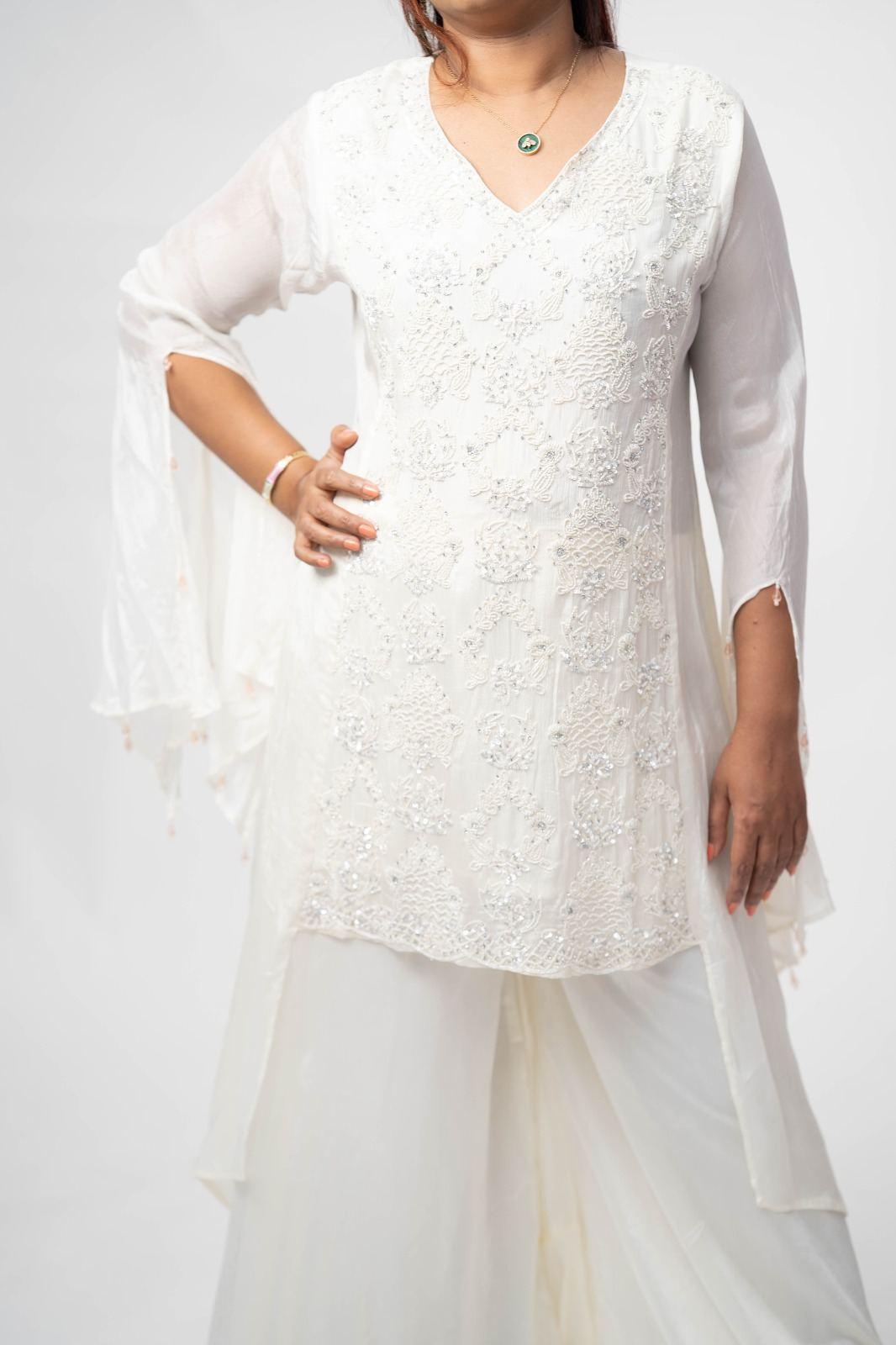 Ivory White Embroidered Cut-Out Anarkali Gown