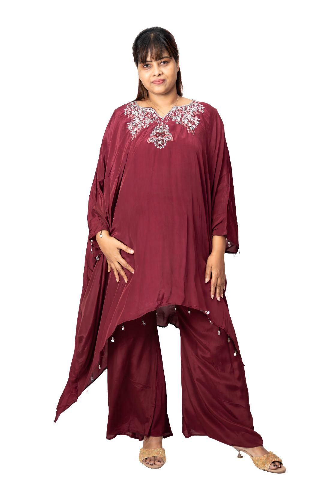 Maroon Floral Embroidered Kaftan Palazzo Set