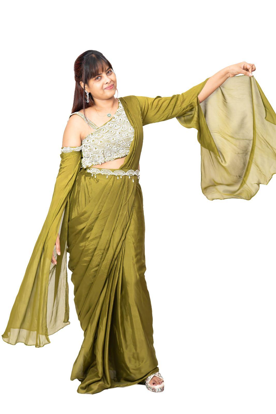 Olive Green Sequin Embellished Lehenga Saree Set