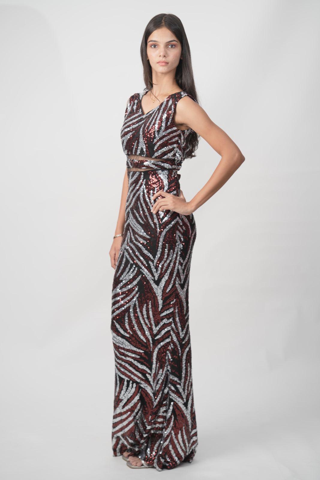 Black White Zebra Sequin Sleeveless Gown